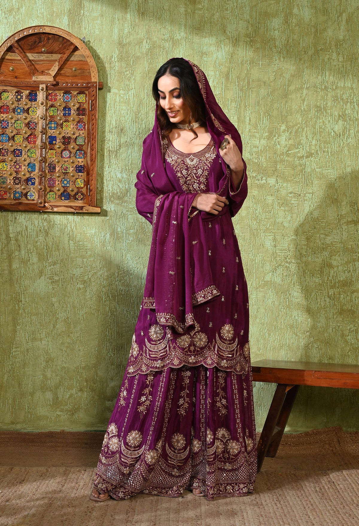 Purple Zardozi Embroidered Chinon Gharara Set