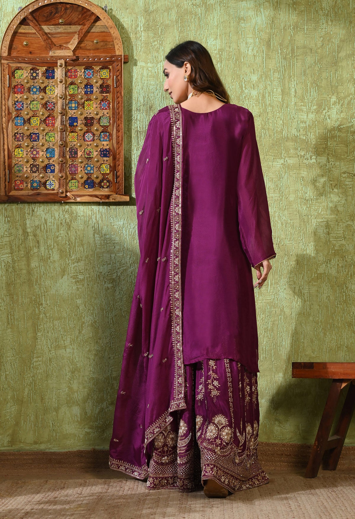 Purple Zardozi Embroidered Chinon Gharara Set