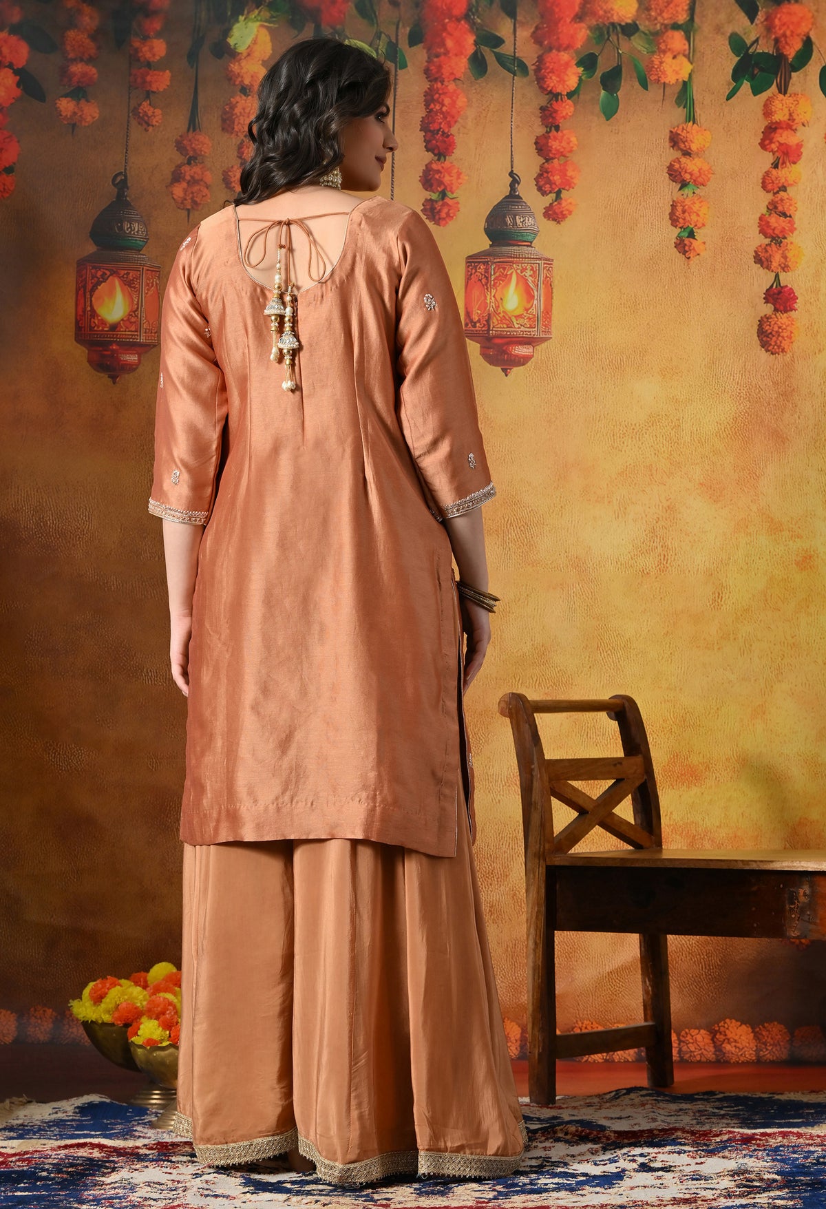 Rust Orange Silk Sharara Set With Zardozi, Dabka and Sequin Work
