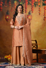 Rust Orange Silk Sharara Set With Zardozi, Dabka and Sequin Work