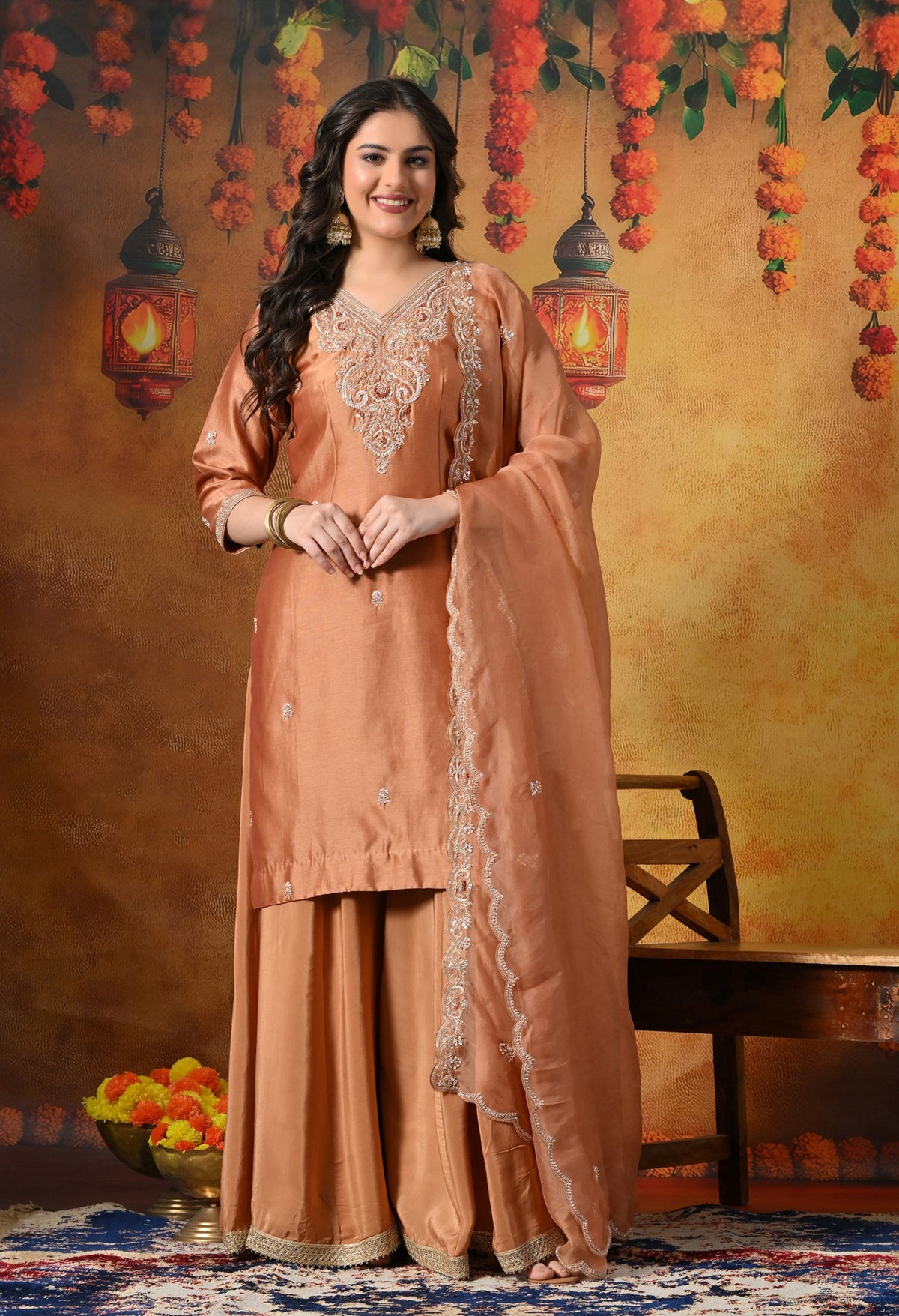 Rust Orange Silk Sharara Set