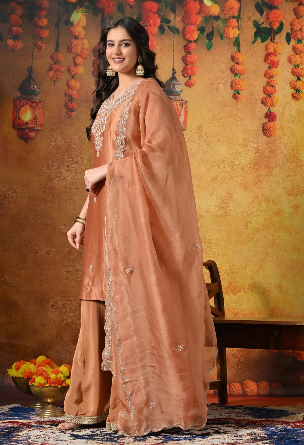Rust Orange Silk Sharara Set