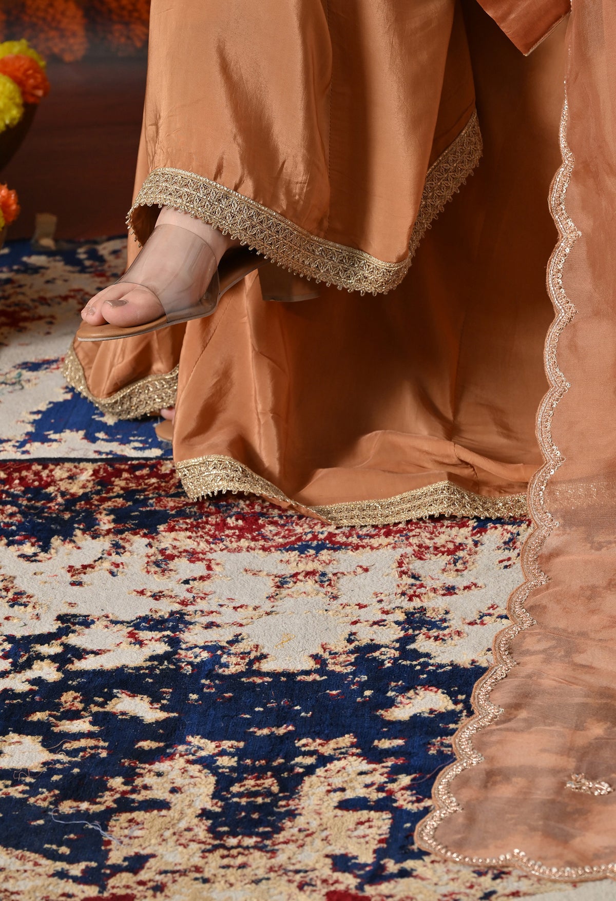 Rust Orange Silk Sharara Set With Zardozi, Dabka and Sequin Work