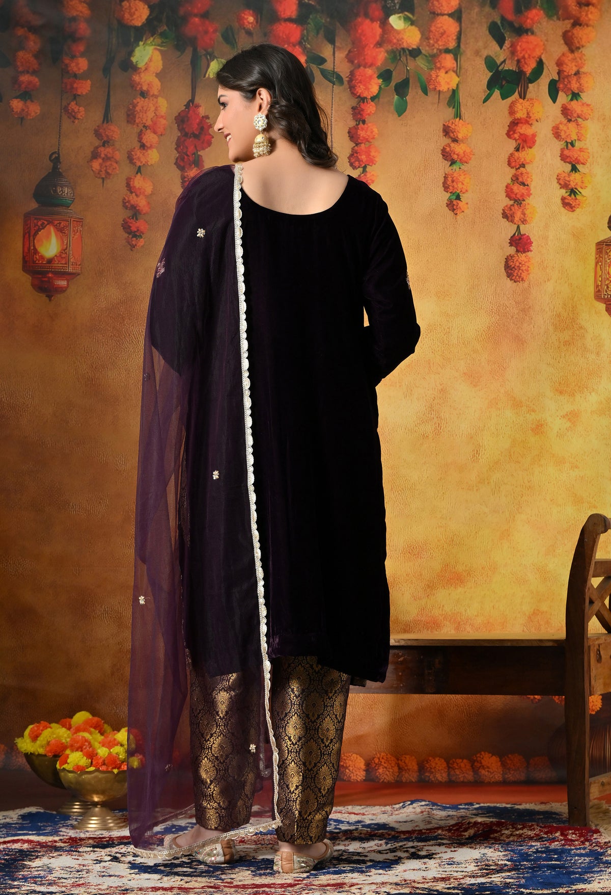 Charming Dark Wine Velvet Kurta Set