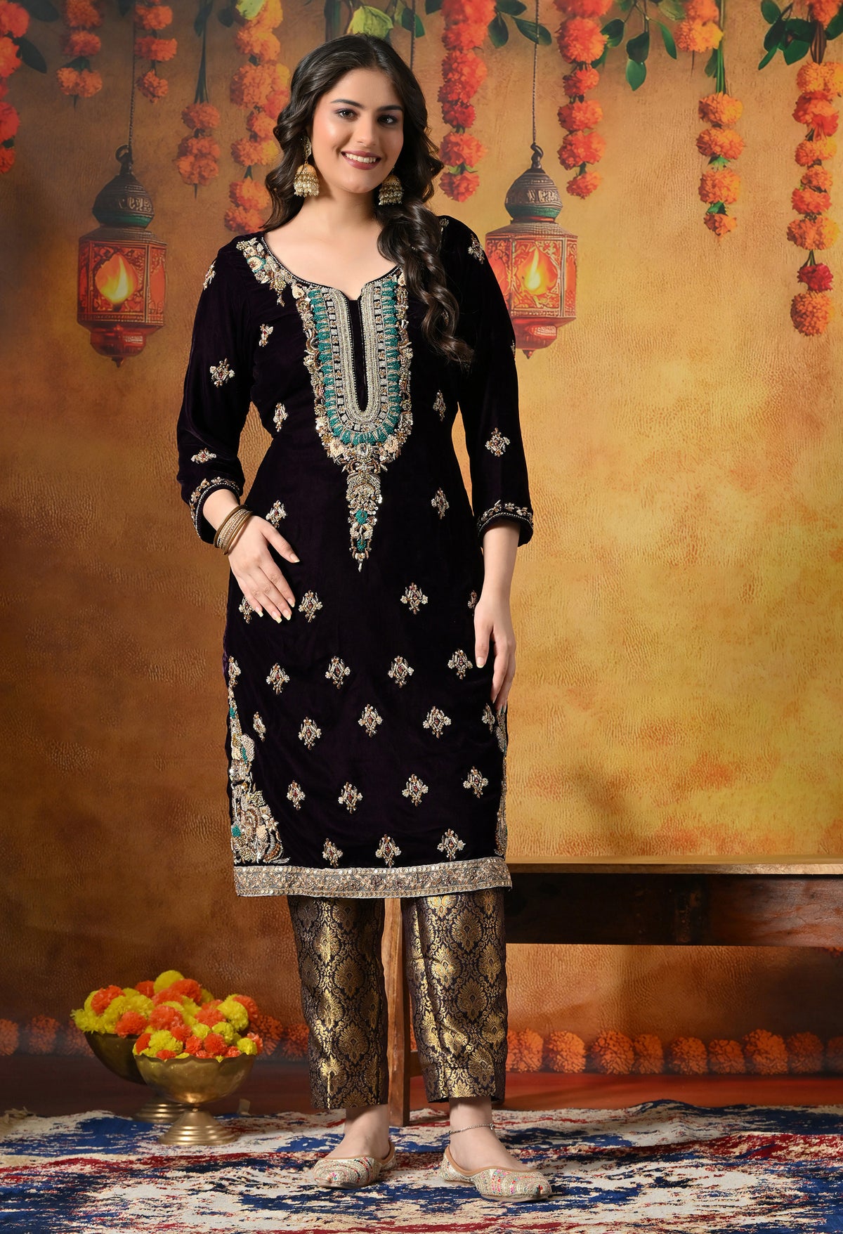 Charming Dark Wine Velvet Kurta Set