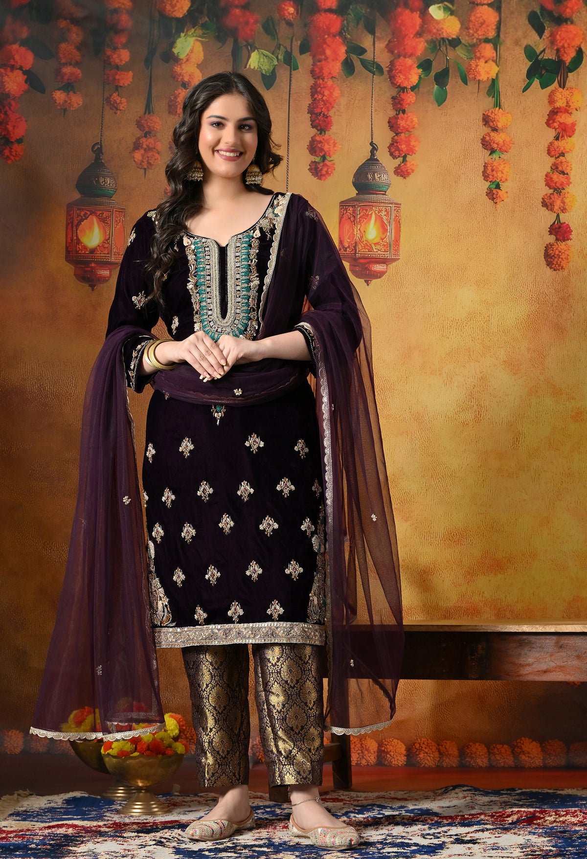 Charming Dark Wine Velvet Kurta Set