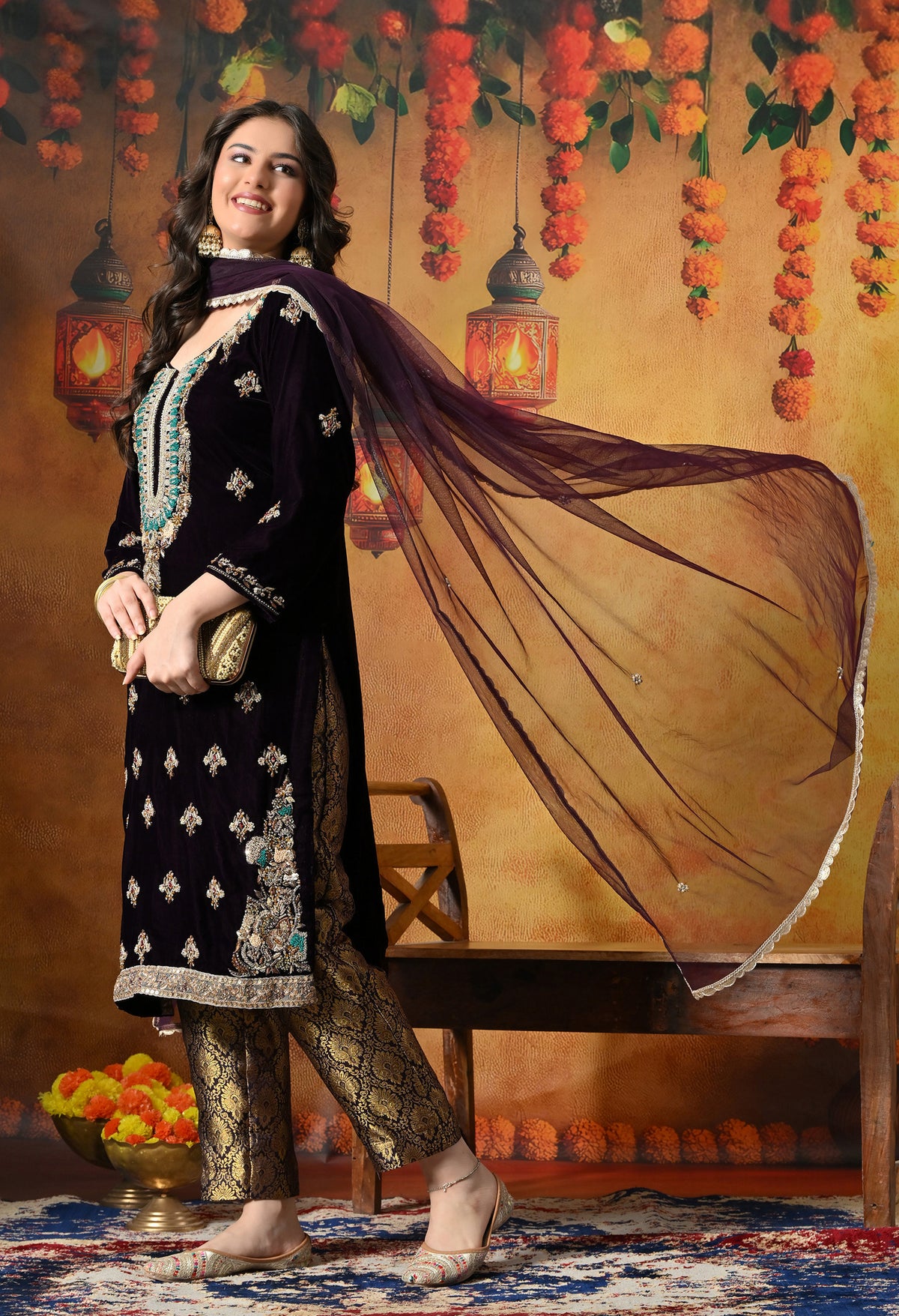 Charming Dark Wine Velvet Kurta Set
