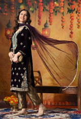 Charming Dark Wine Velvet Kurta Set