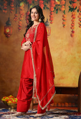 Crimson Silk Salwar Suit Drenched In Sequin, Pearl, Thread and Cutdana