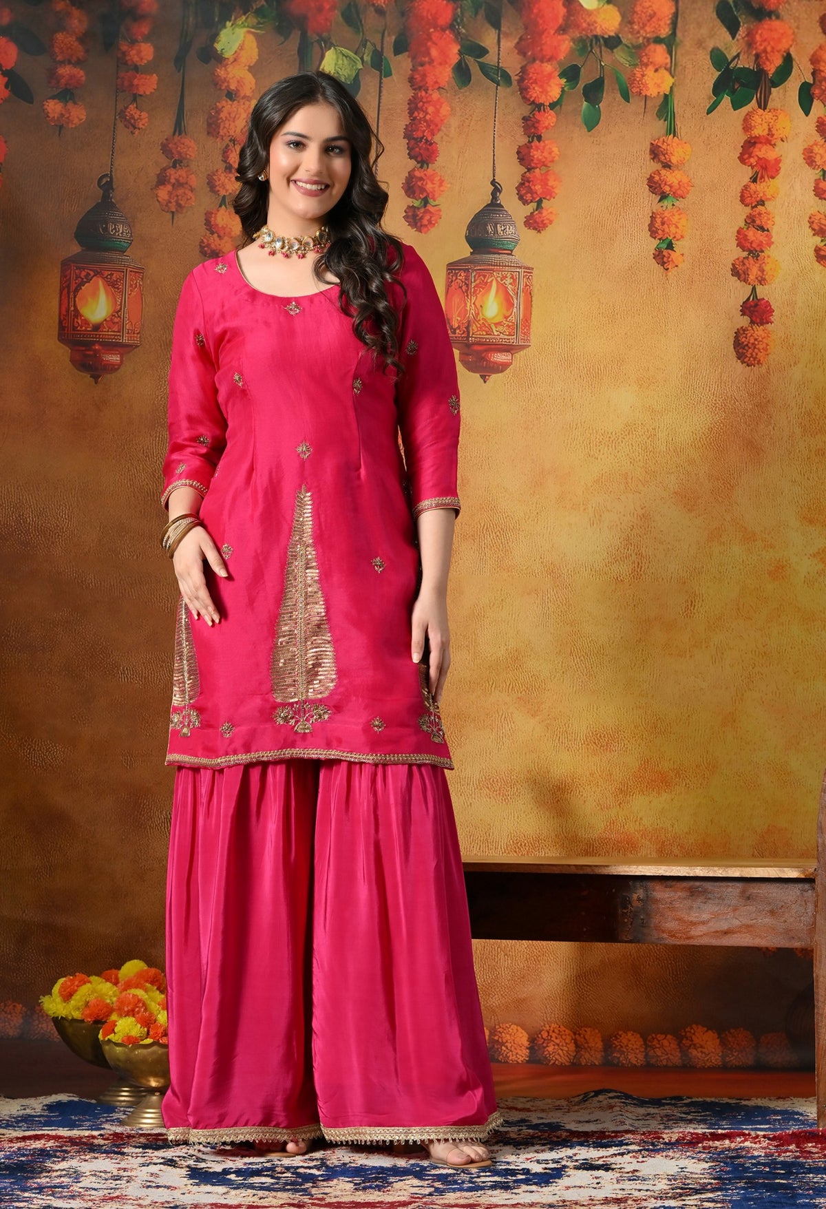 Fuchsia Pink Silk Gharara Set