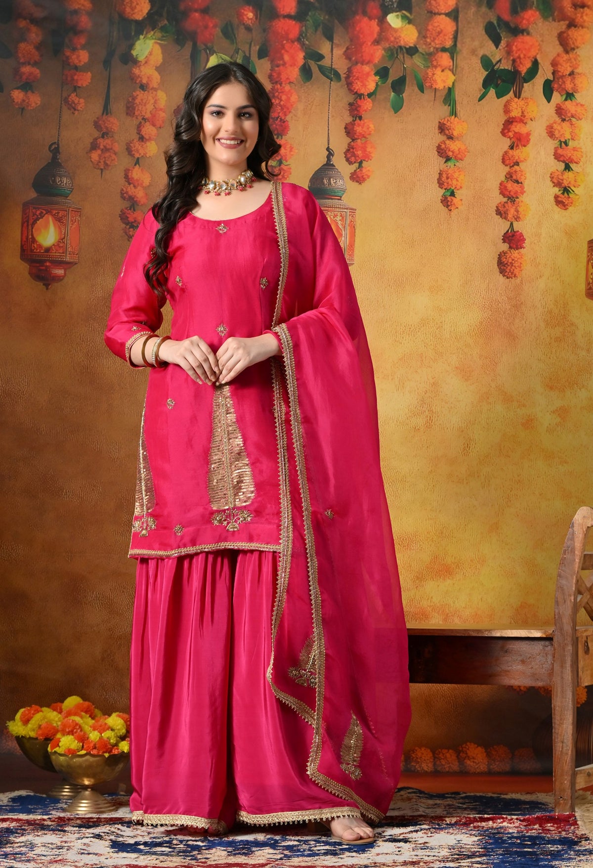 Fuchsia Pink Silk Gharara Set