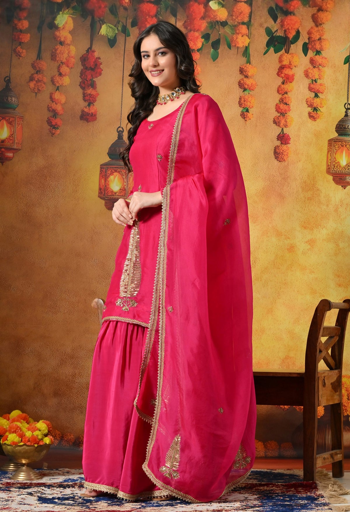 Fuchsia Pink Silk Gharara Set