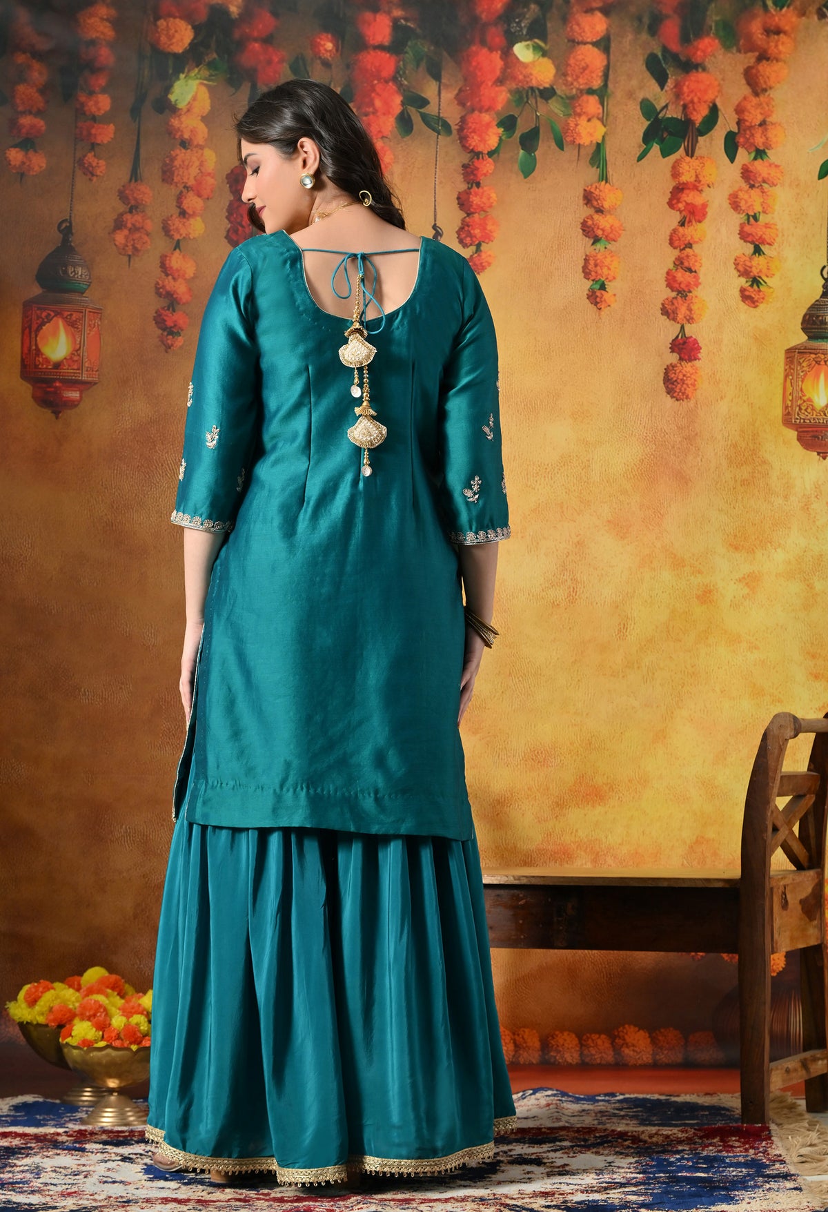 Teal Silk Gharara Set Adorned With Zardozi, Dabka and Sequin