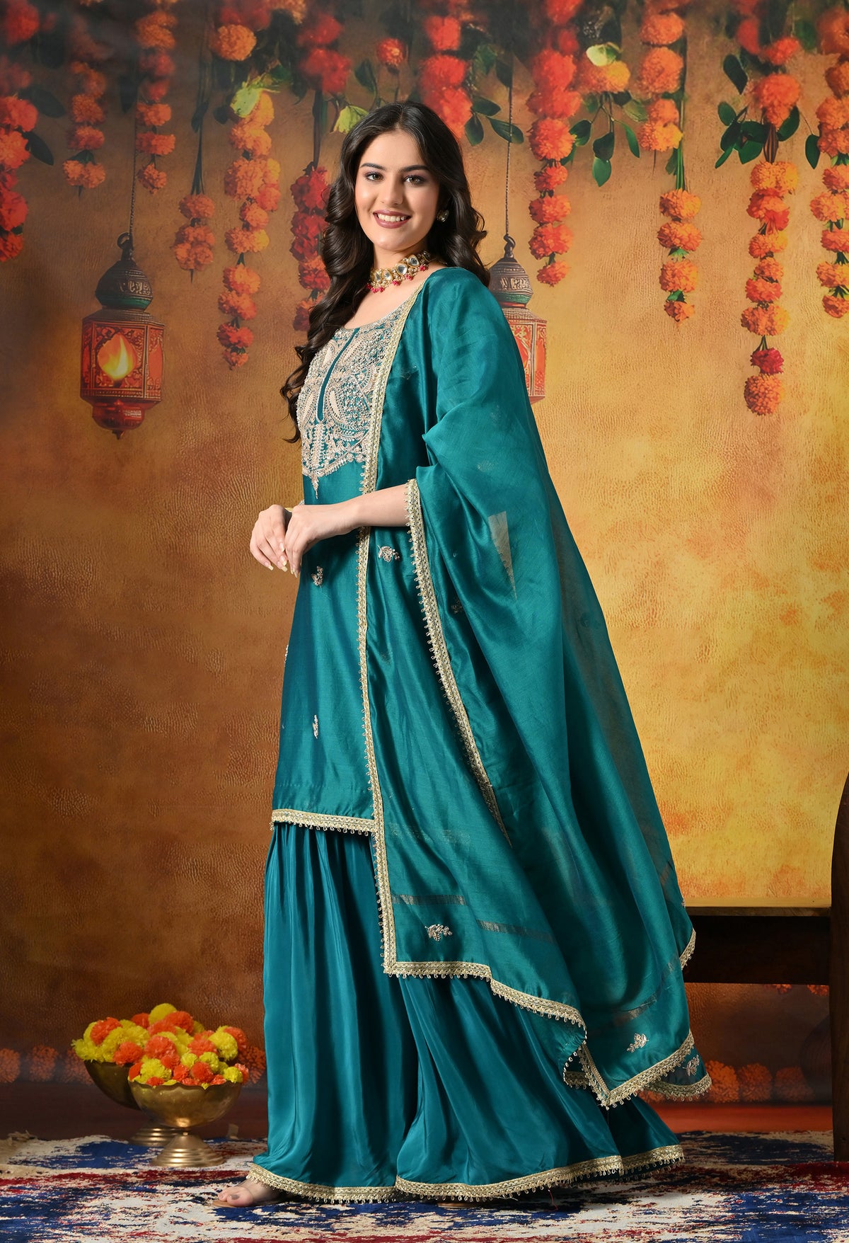 Teal Silk Gharara Set Adorned With Zardozi, Dabka and Sequin