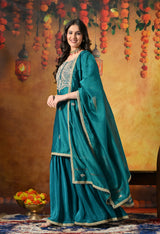 Teal Silk Gharara Set Adorned With Zardozi, Dabka and Sequin