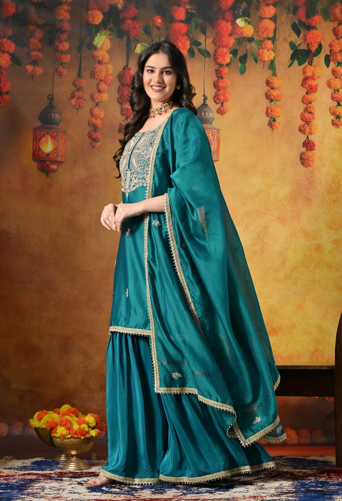 Teal Silk Gharara Set