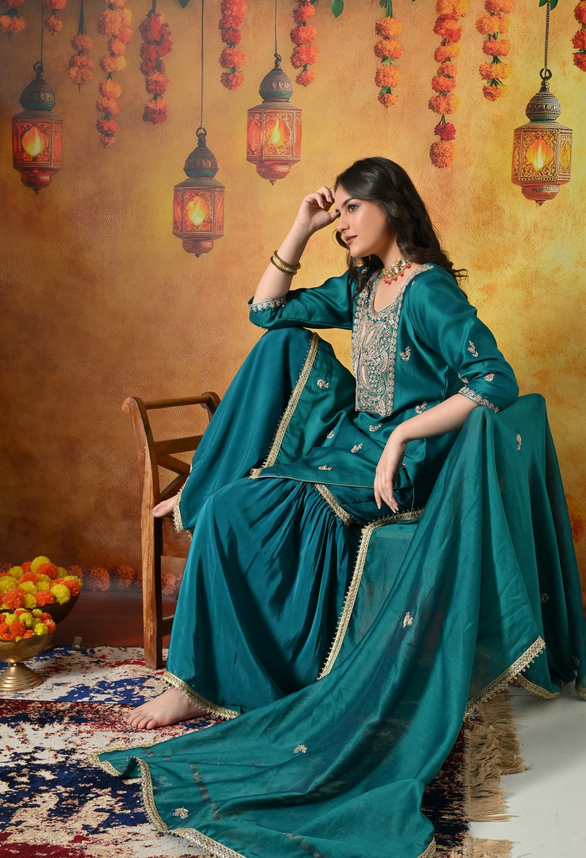 Teal Silk Gharara Set