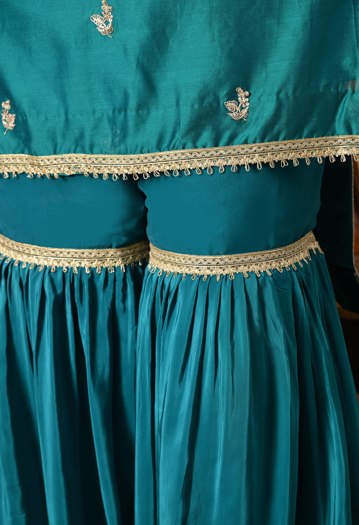Teal Silk Gharara Set Adorned With Zardozi, Dabka and Sequin