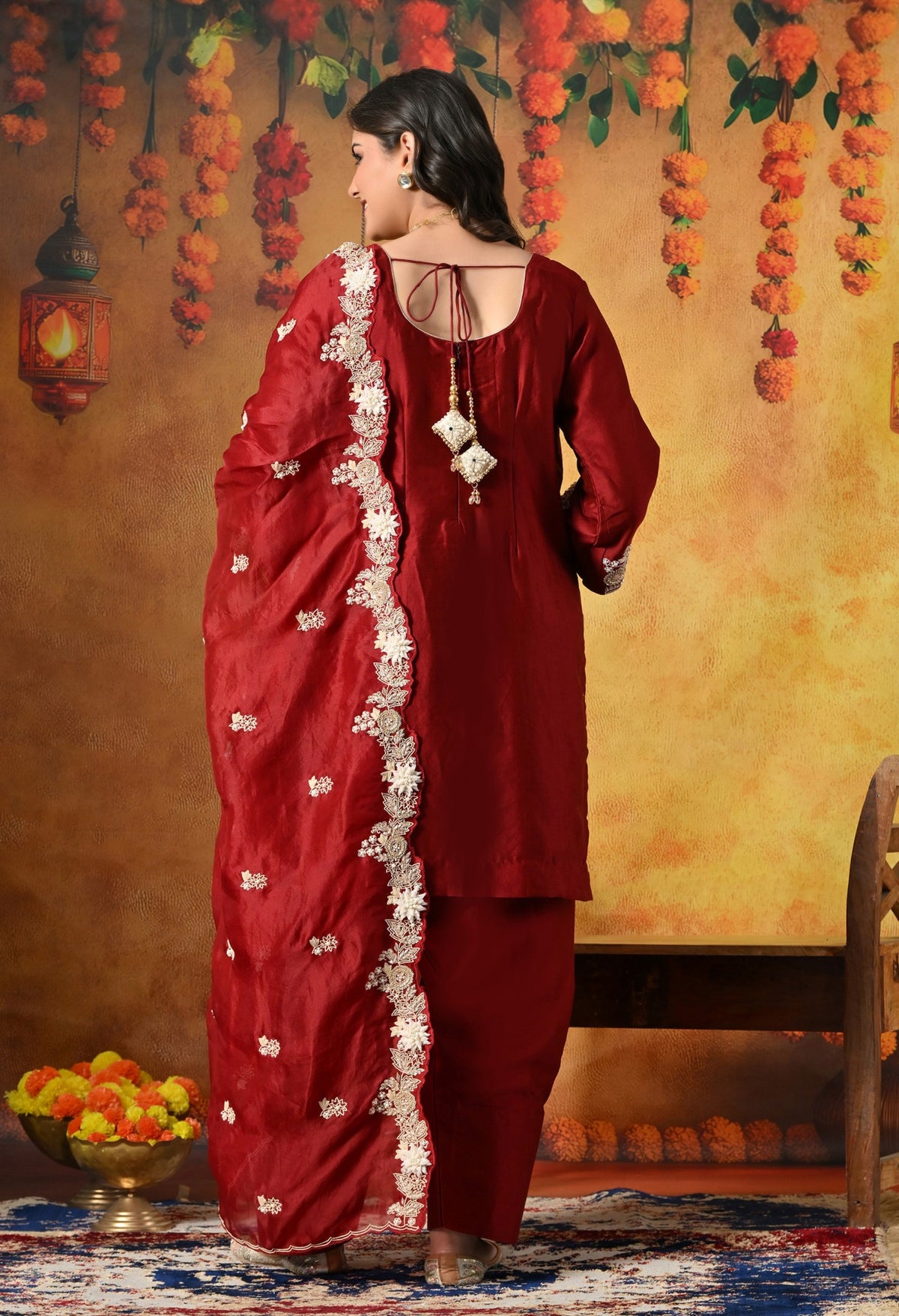 Maroon Silk Salwar Suit Adorned With Ivory 3D floral