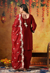 Maroon Silk Salwar Suit Adorned With Ivory 3D floral