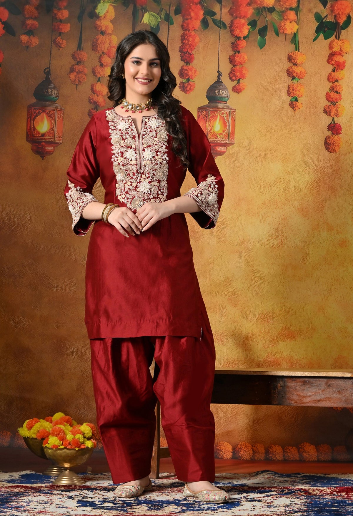 Maroon Silk Salwar Suit Adorned With Ivory 3D floral