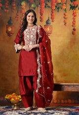 Maroon Silk Salwar Suit Adorned With Ivory 3D floral
