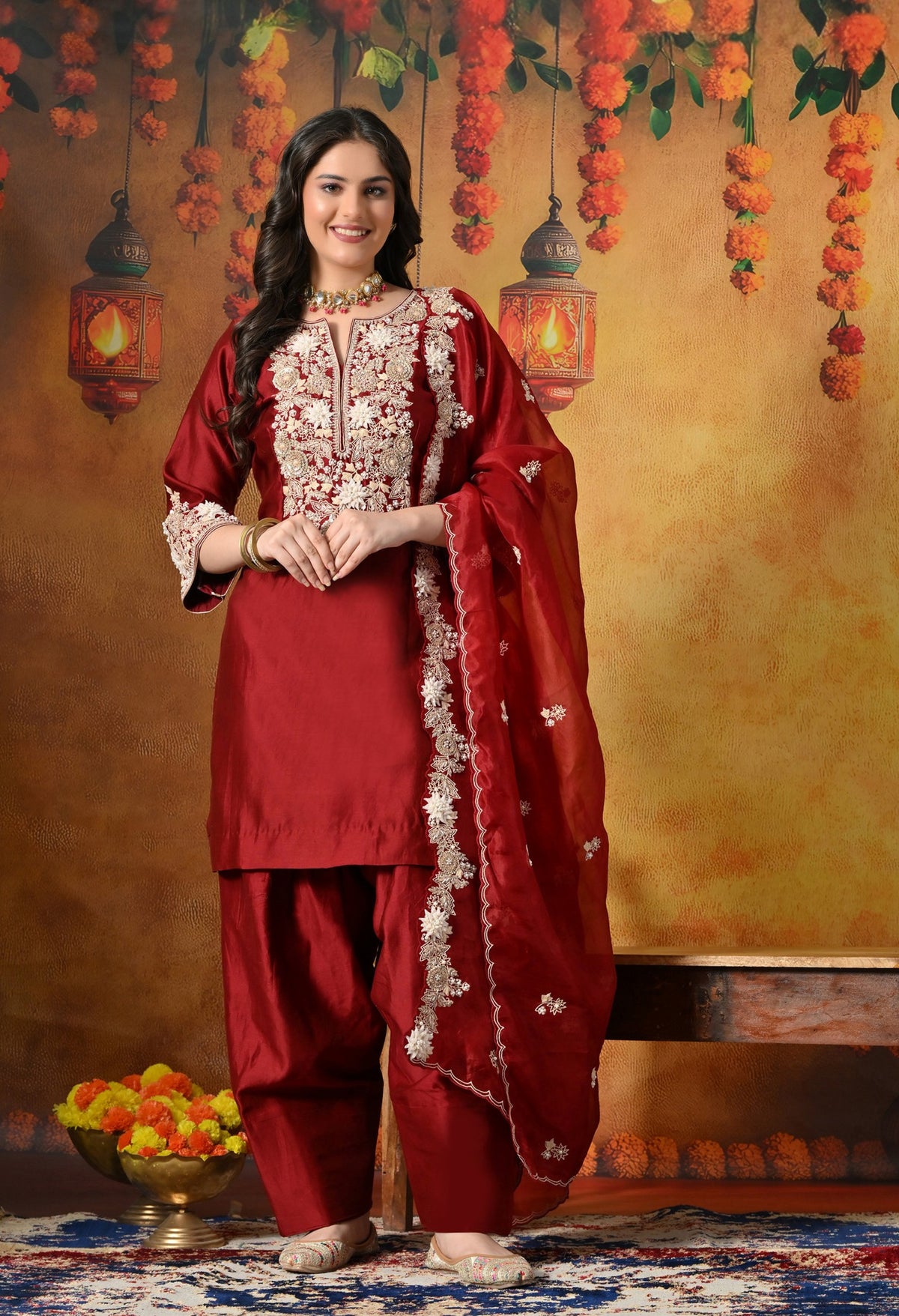 Maroon Silk Salwar Suit Adorned With Ivory 3D floral