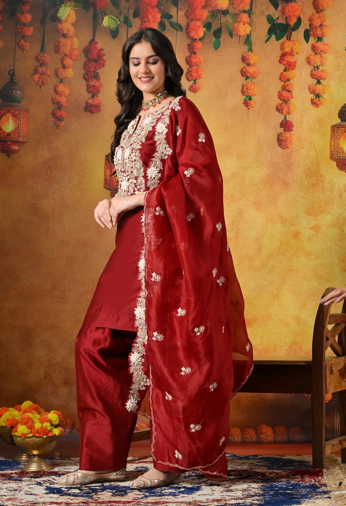 Maroon Silk Salwar Suit Adorned With Ivory 3D floral