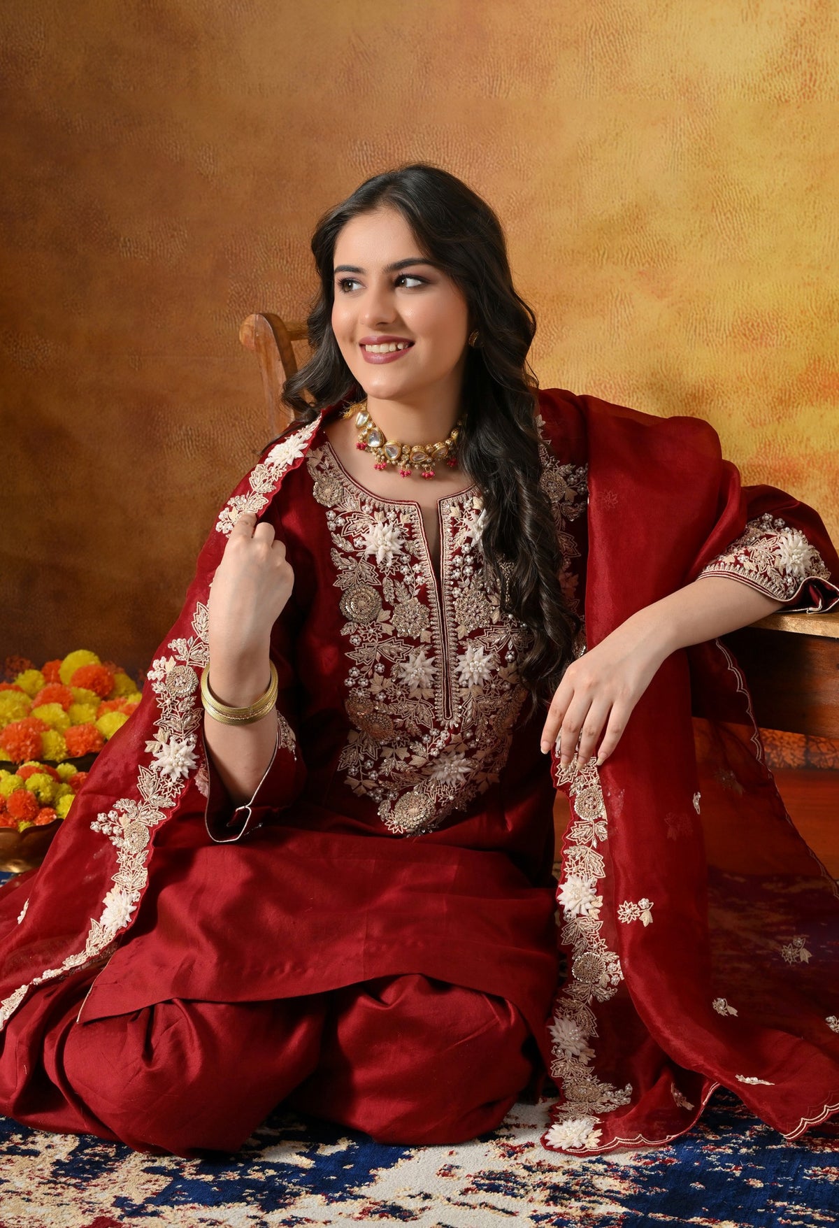 Maroon Silk Salwar Suit Adorned With Ivory 3D floral