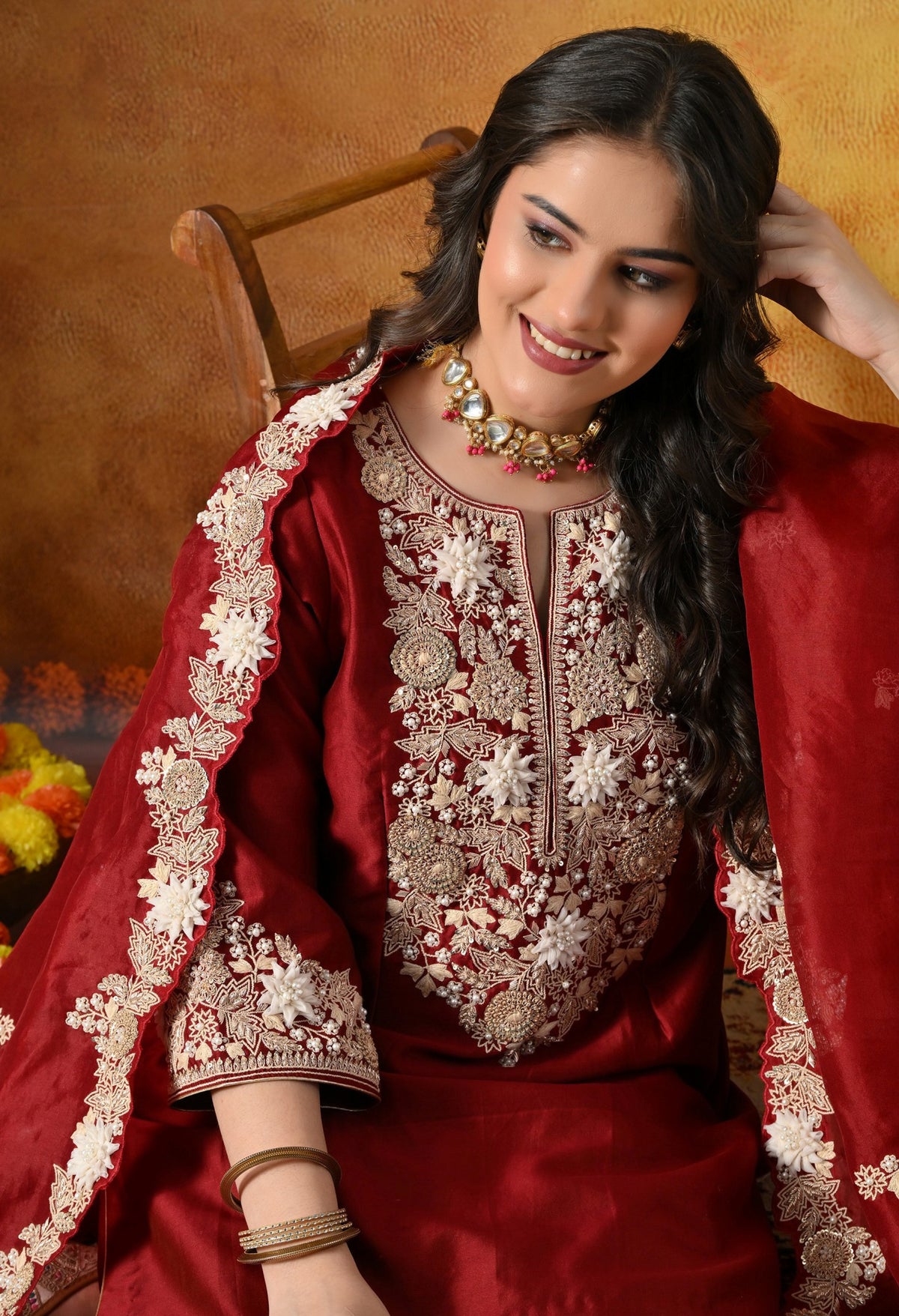 Maroon Silk Salwar Suit Adorned With Ivory 3D floral