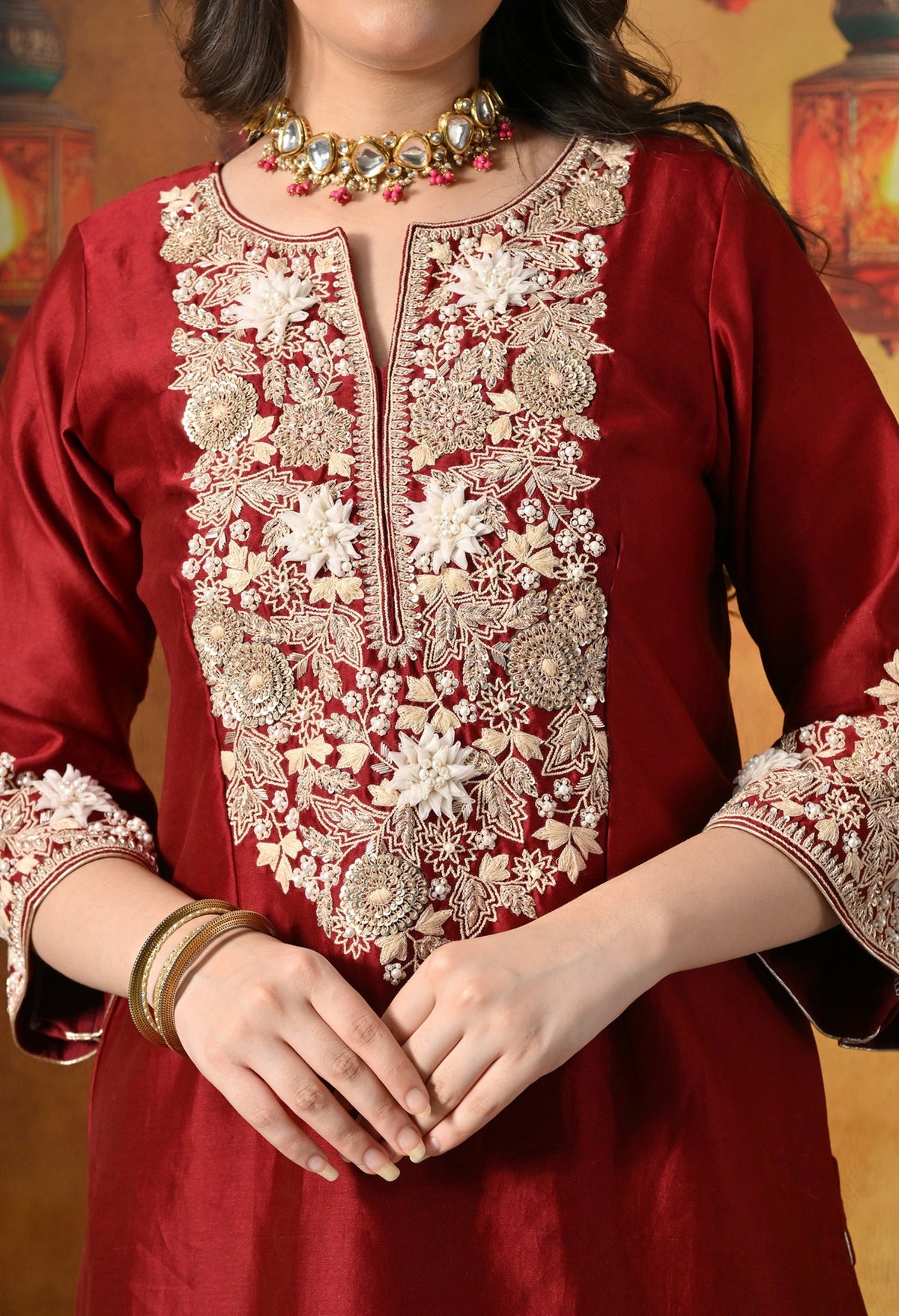 Maroon Silk Salwar Suit Adorned With Ivory 3D floral