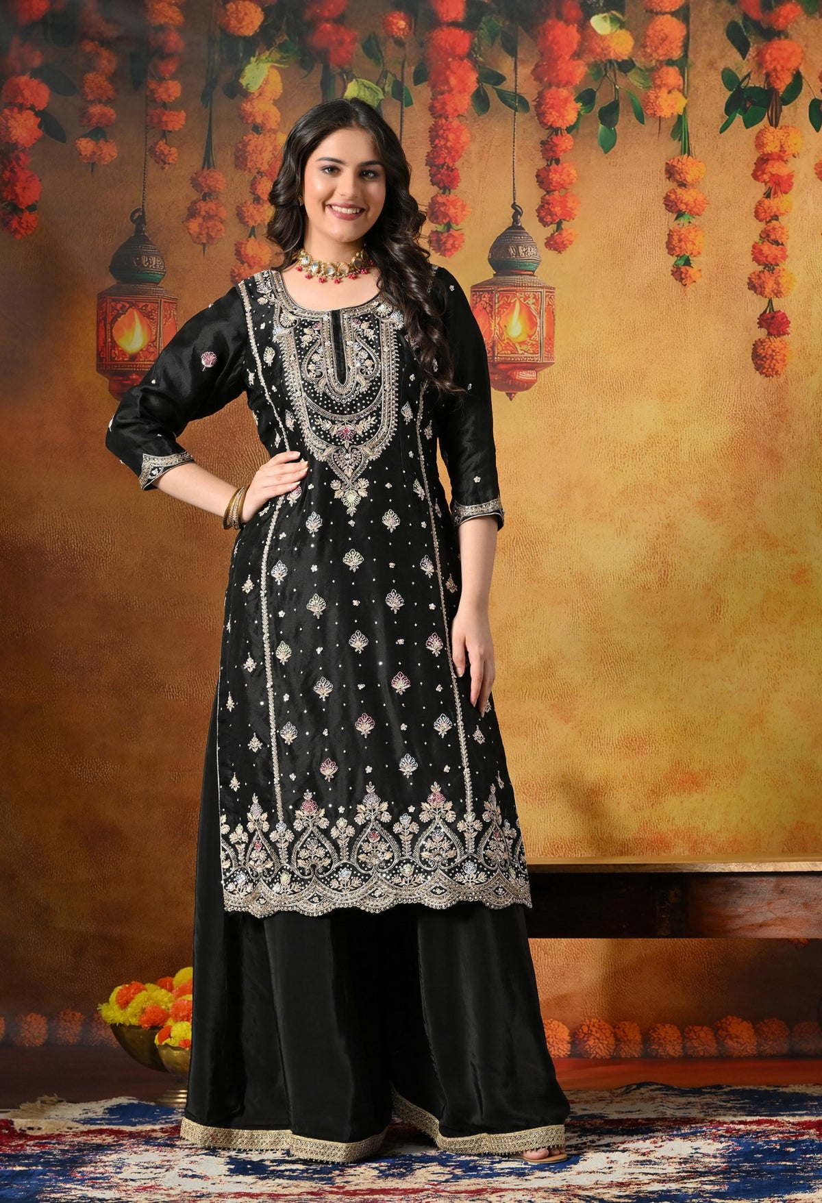 Black Silk Sharara Set