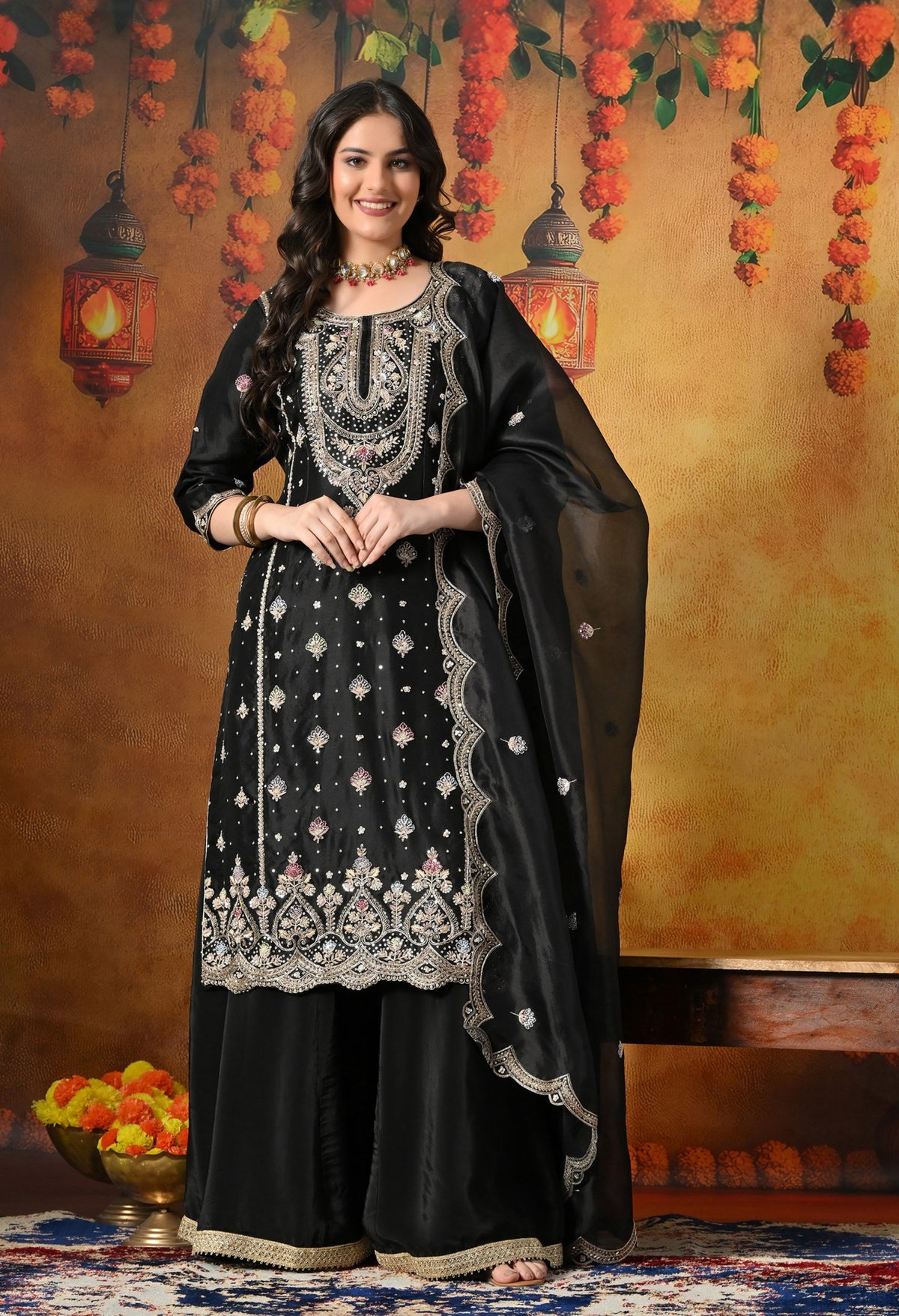 Black Silk Sharara Set