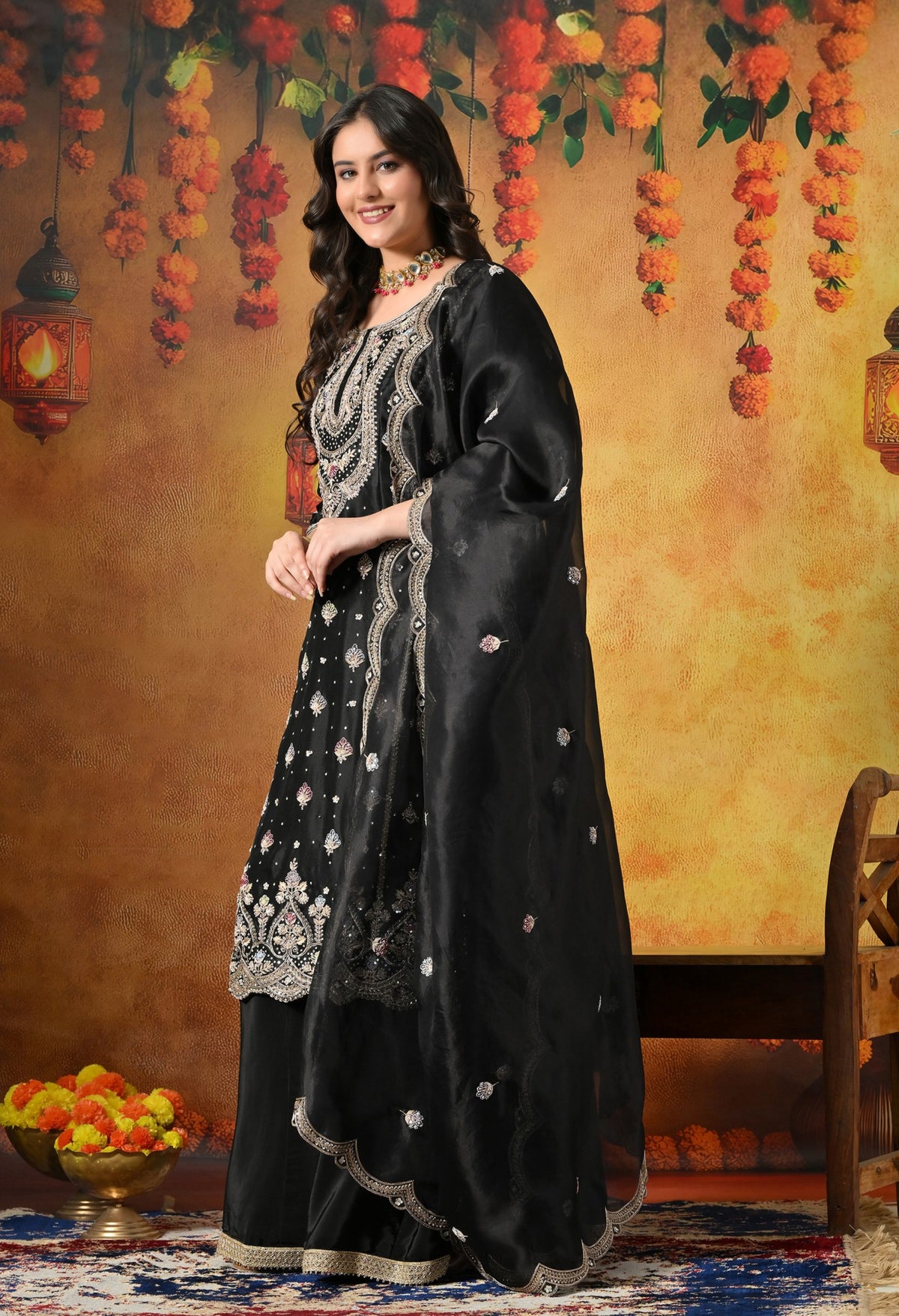 Black Silk Sharara Set
