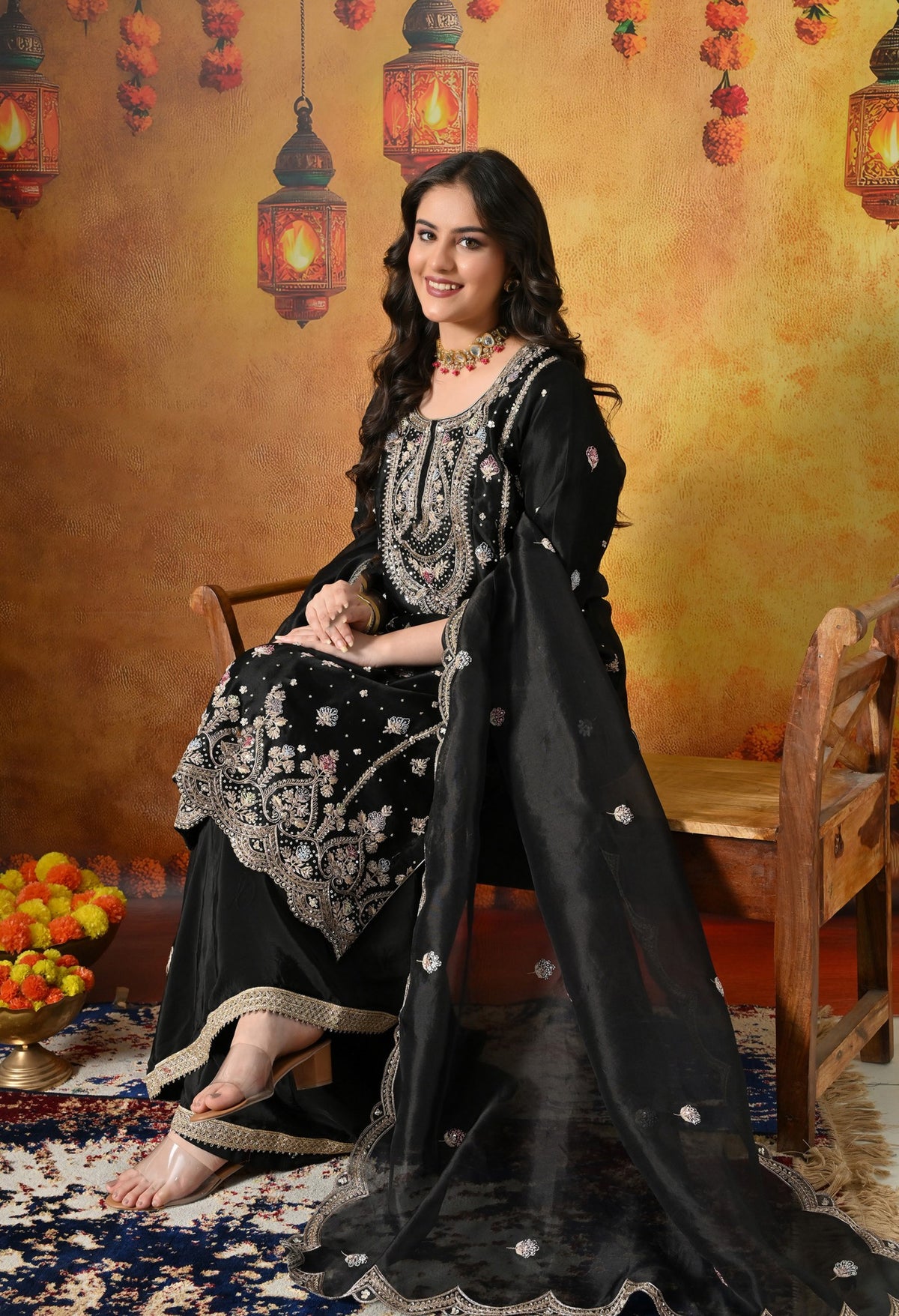 Black Silk Sharara Set