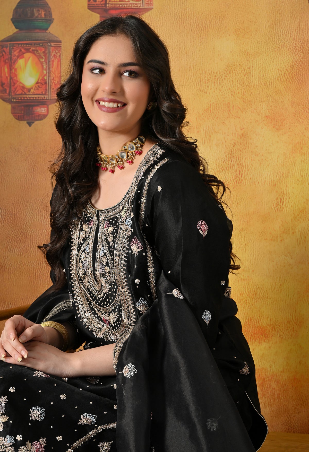Black Silk Sharara Set