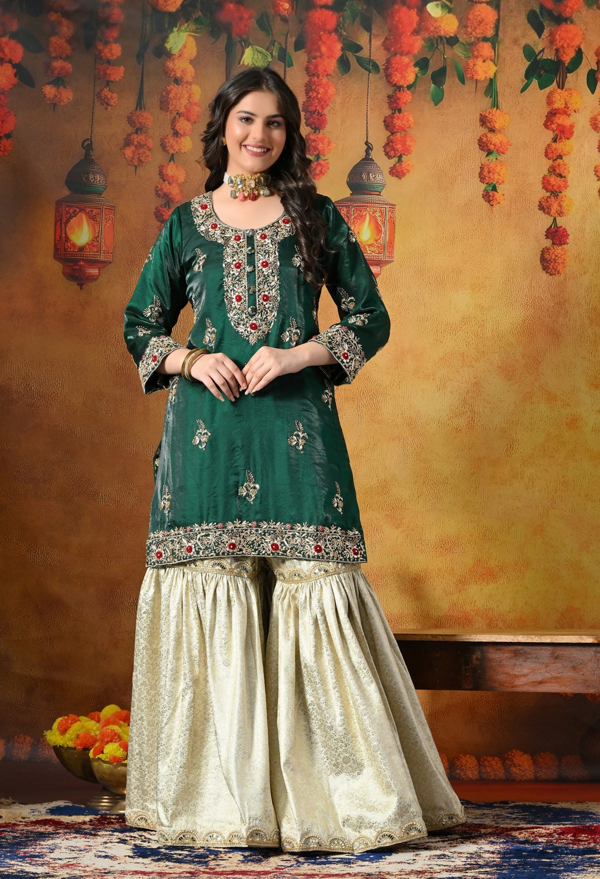 Emerald Green & Ivory Banarasi Gharara Set