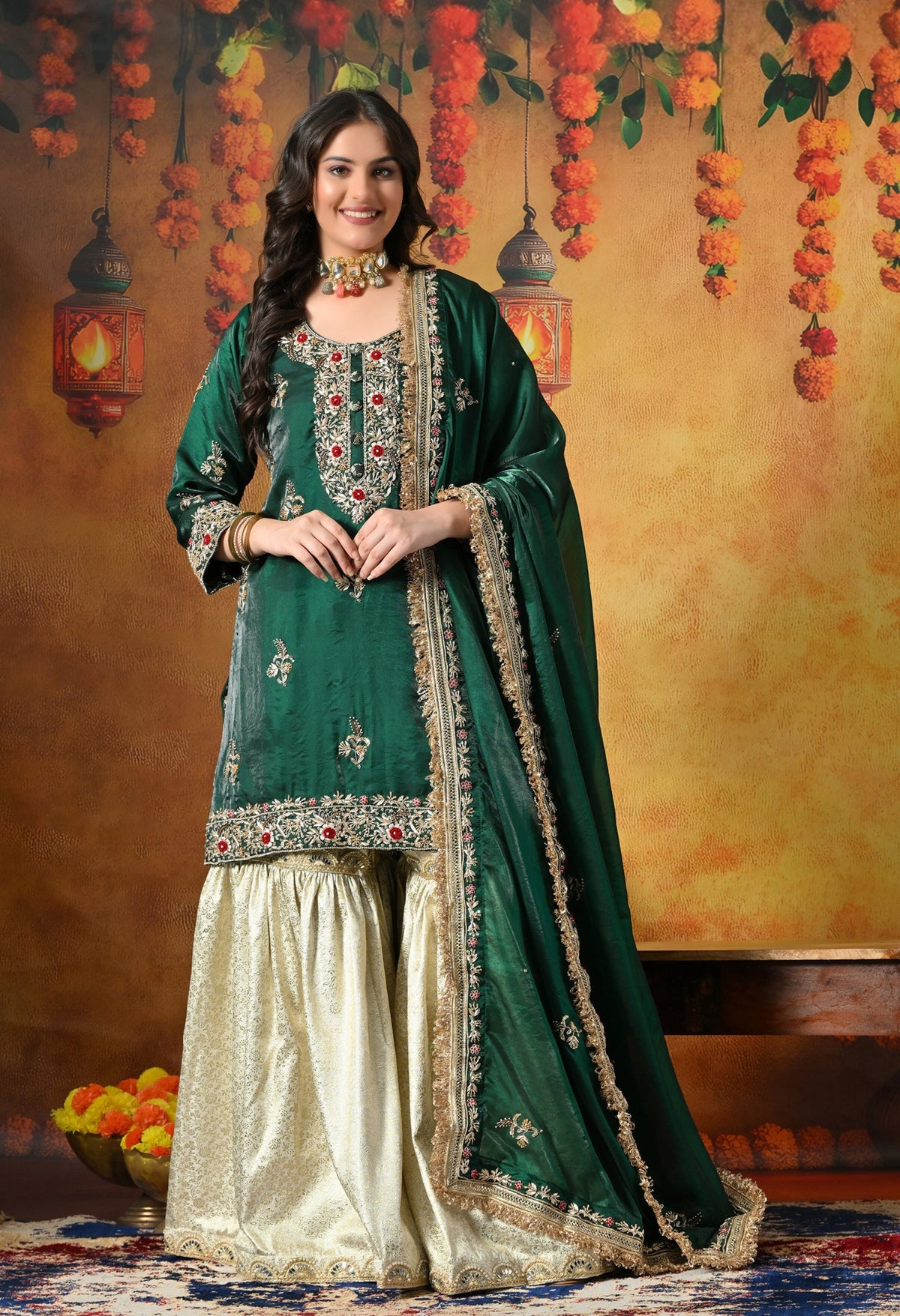 Emerald Green & Ivory Banarasi Gharara Set