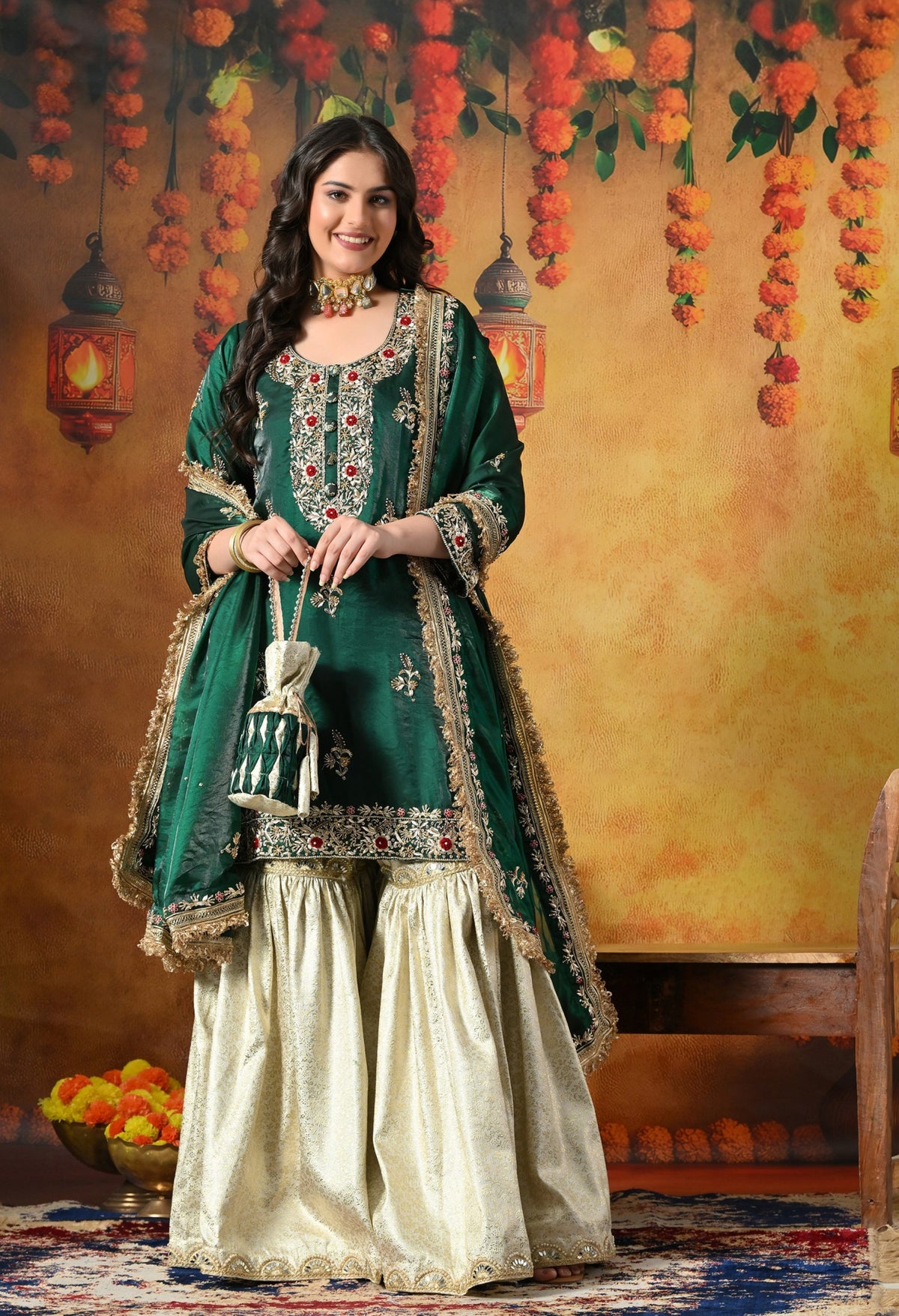 Emerald Green & Ivory Banarasi Gharara Set