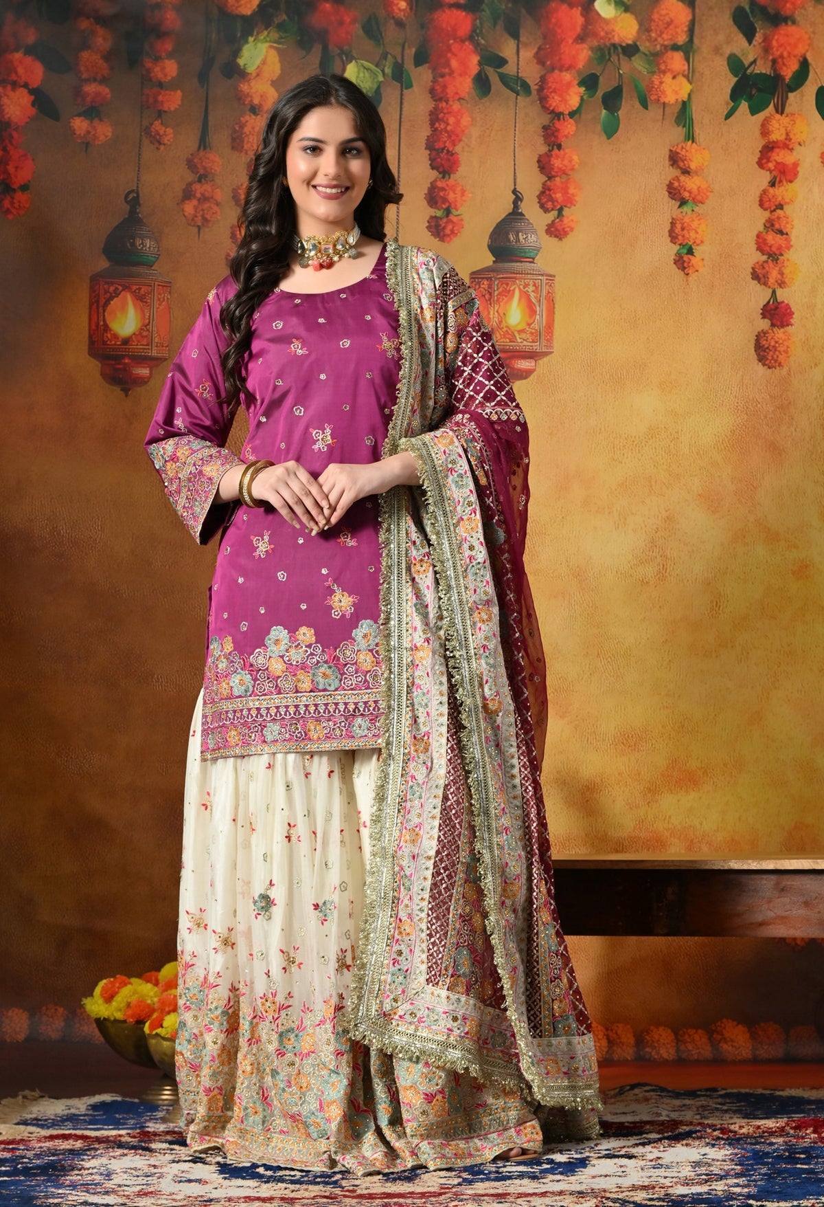 Charming Purple and Ivory Gharara Set