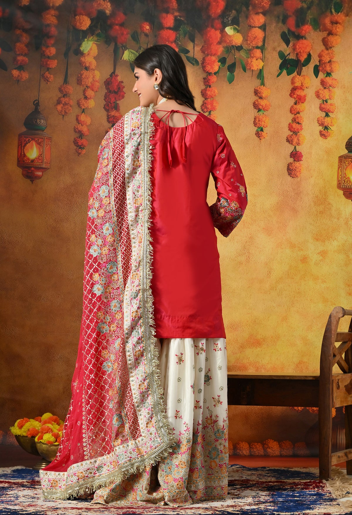 Elegant Royal Pink Gharara Set With Multicolor Resham, Zari, and Mirror-Work