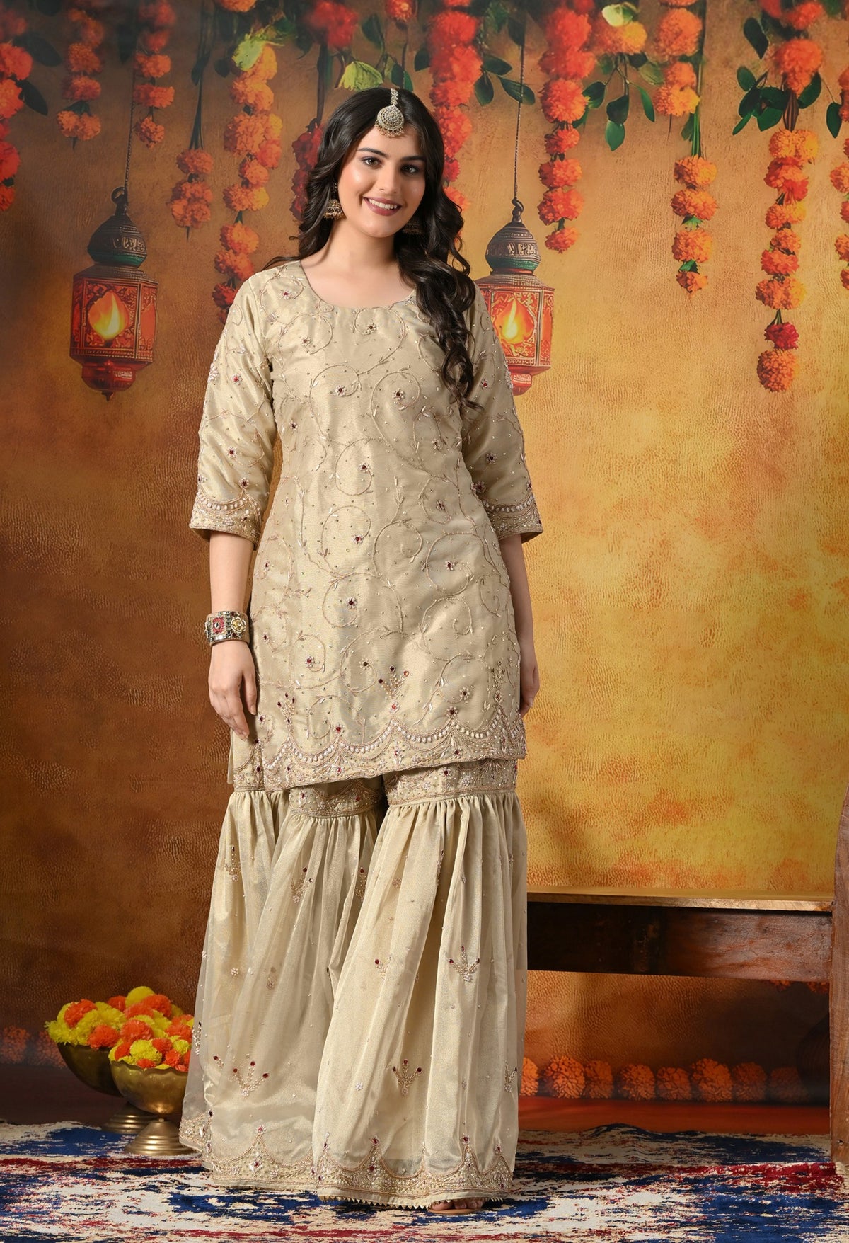 Royal Champagne Gold Tissue Gharara Set