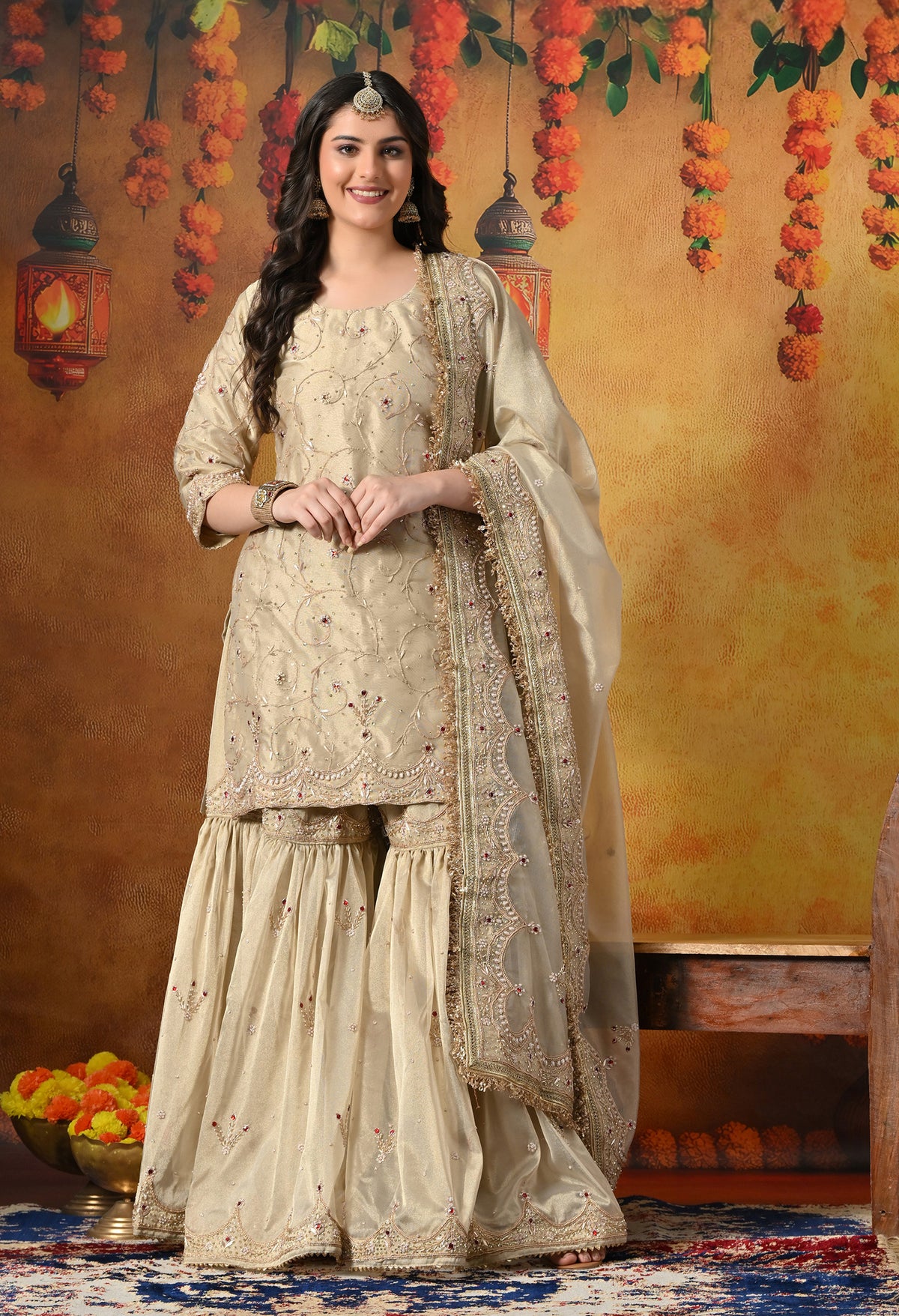 Royal Champagne Gold Tissue Gharara Set