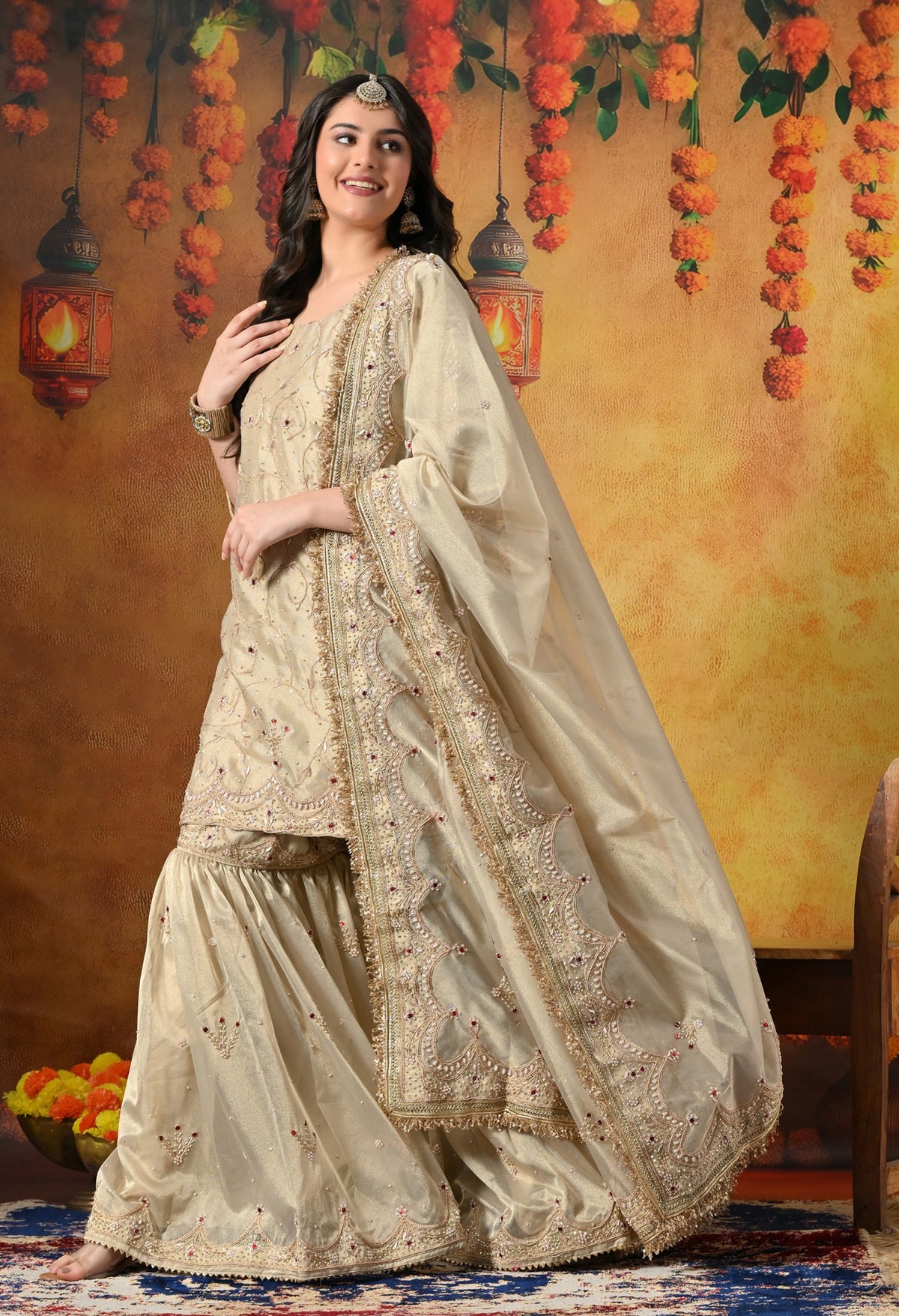 Royal Champagne Gold Tissue Gharara Set