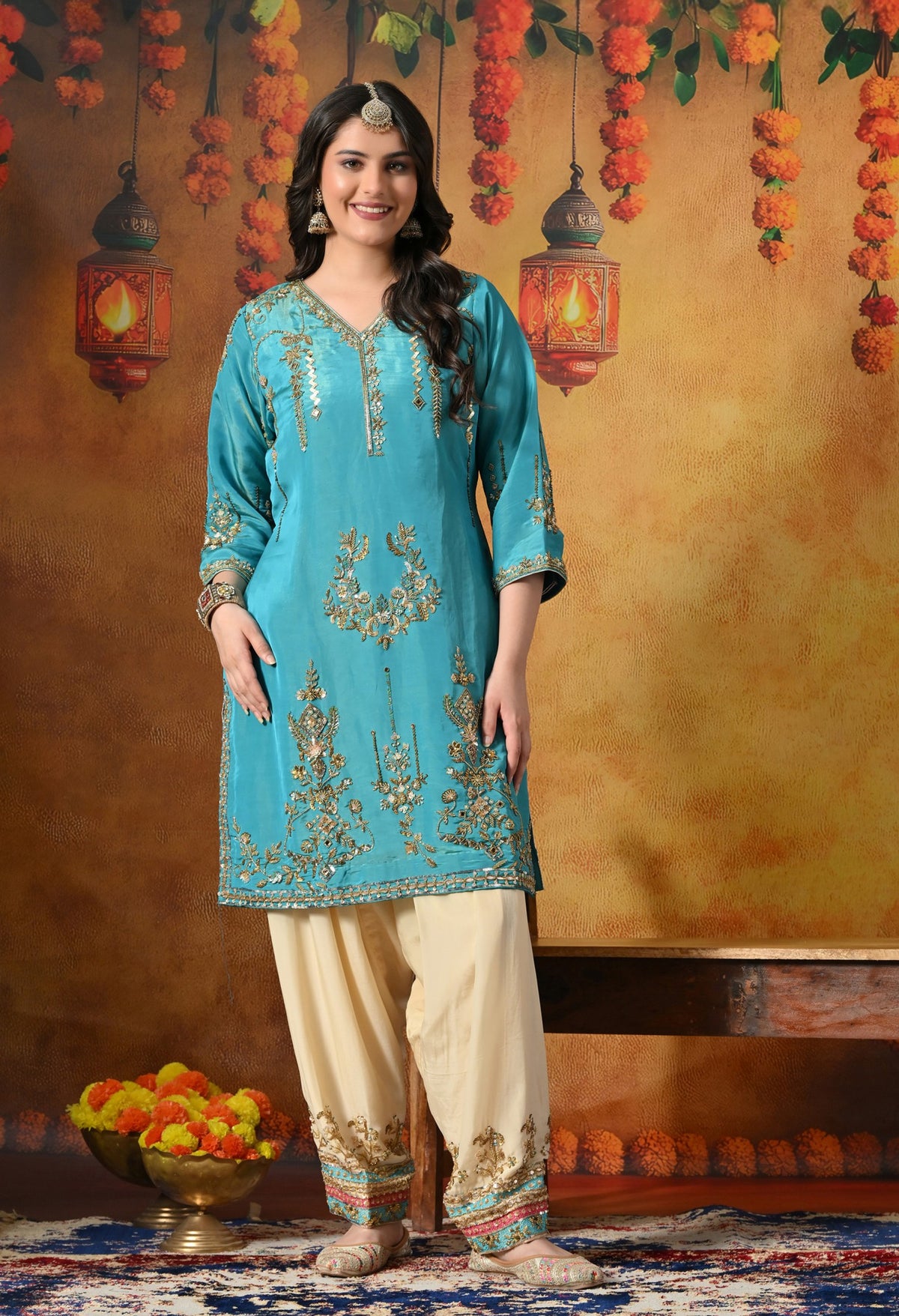 Radiant Firozi silk Kurta Set