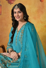 Radiant Firozi Silk Kurta Set