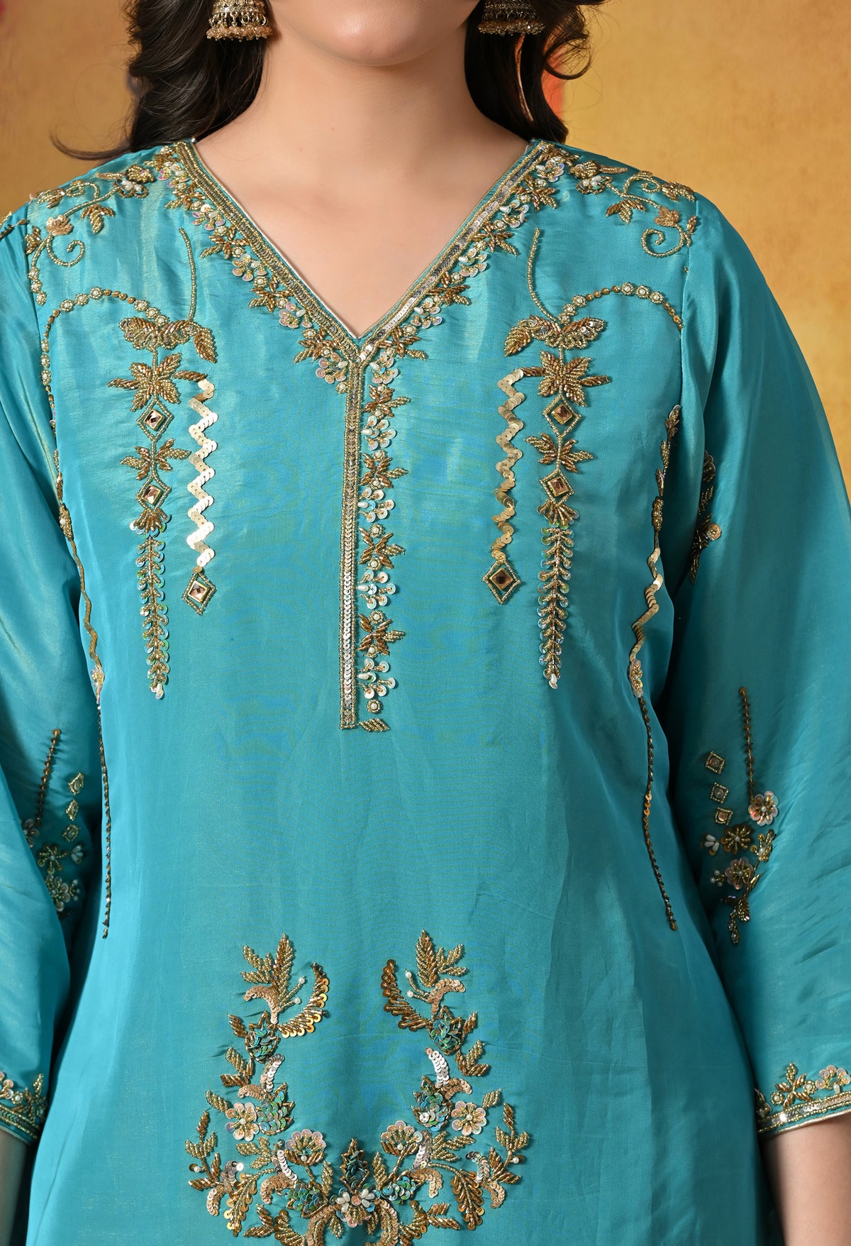 Radiant Firozi Silk Kurta Set