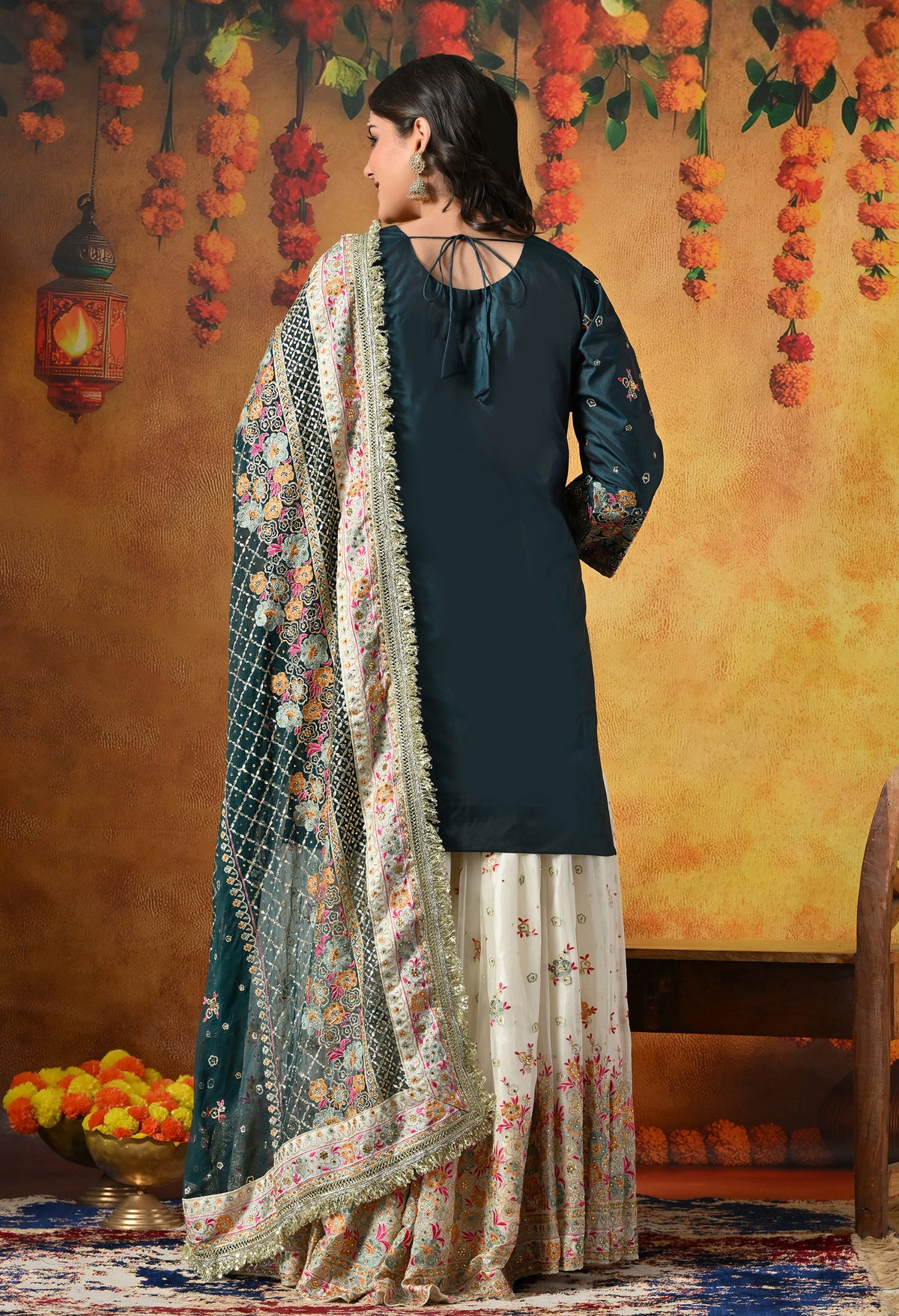 Regal Teal Silk Gharara Set