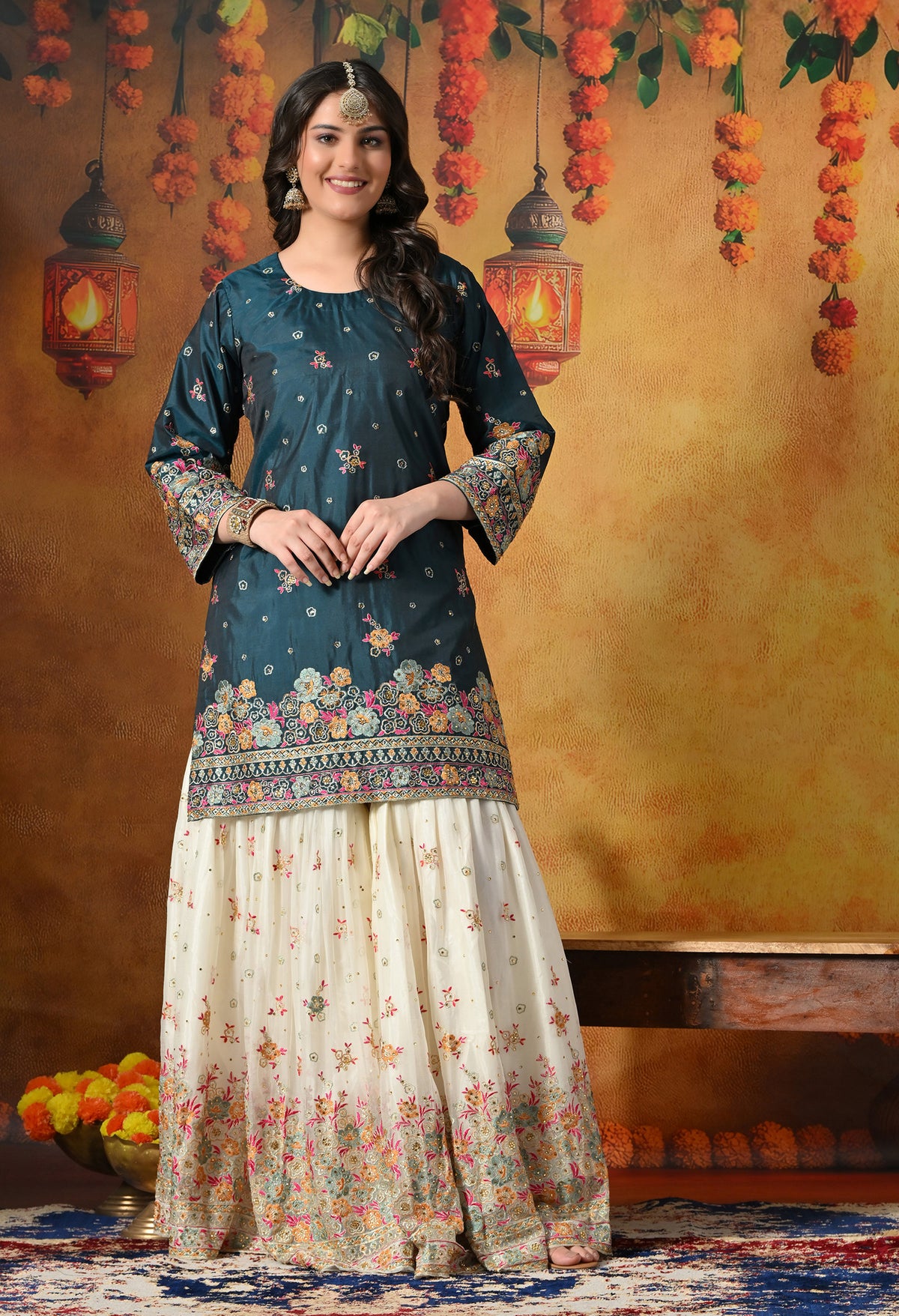 Regal Teal Silk Gharara Set