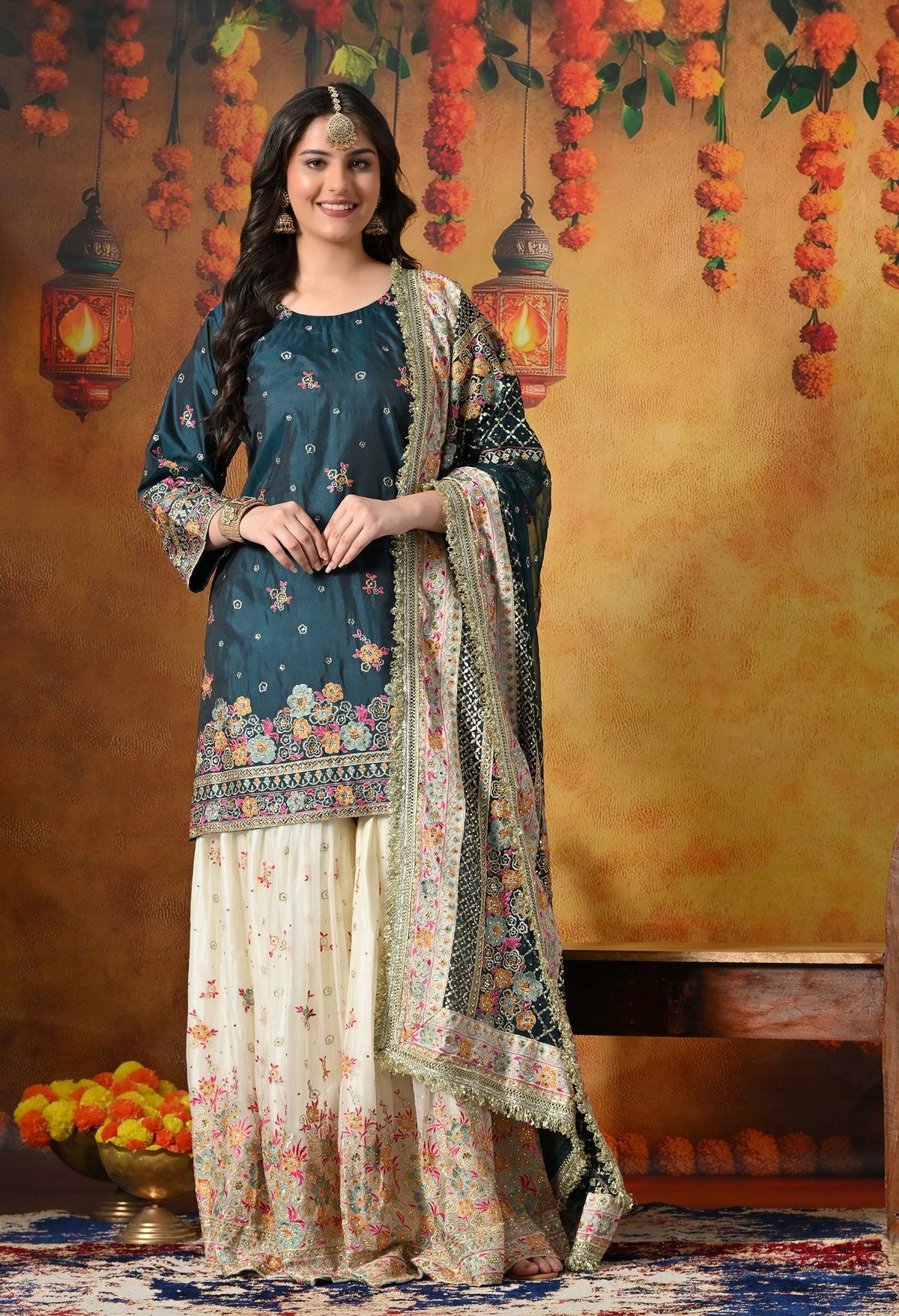 Regal Teal Silk Gharara Set